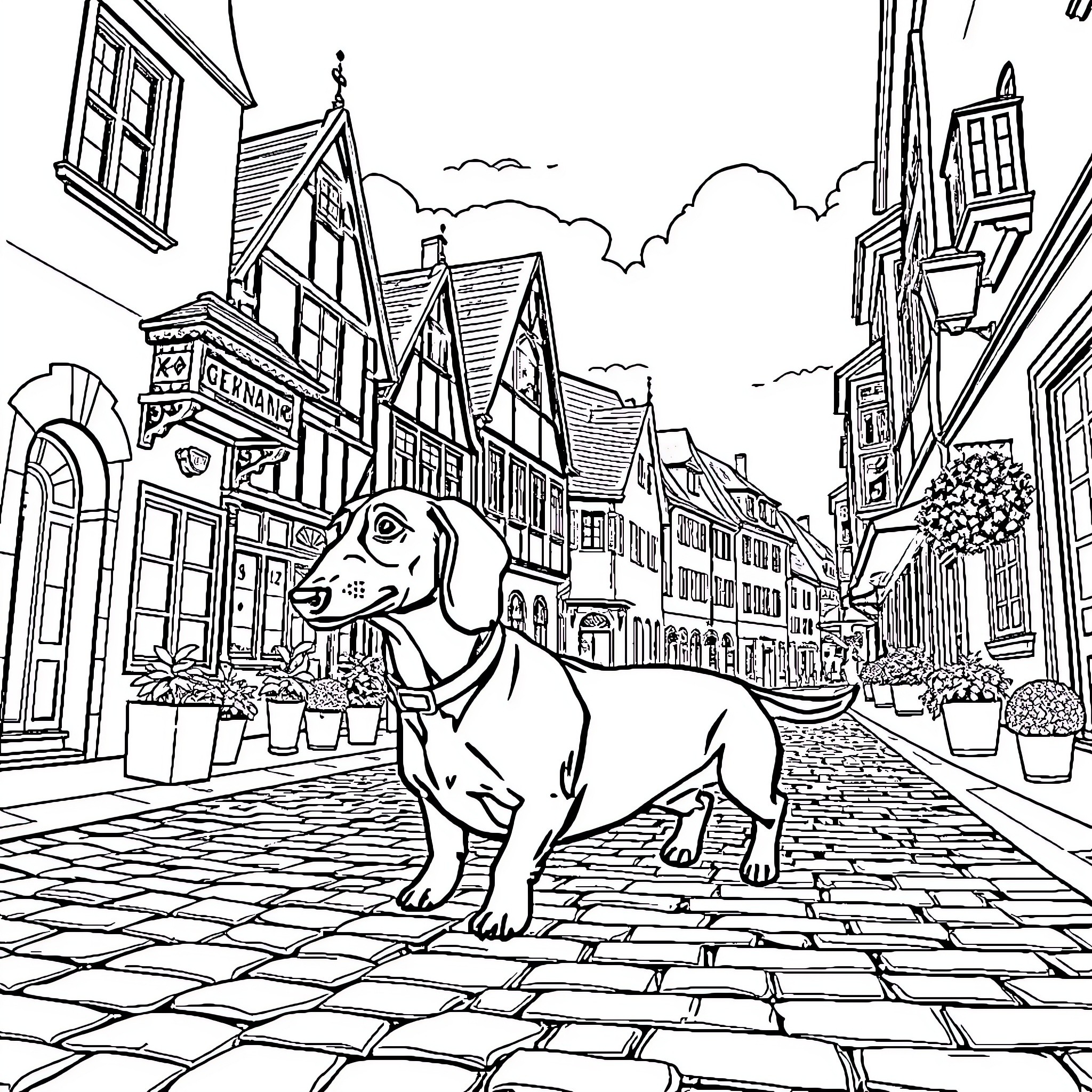 Dachshund exploring a quaint European village Coloring Page (free black-and-white line drawing printable PDF for all, from beginners to advanced learners, including children, teens, adults, and seniors)