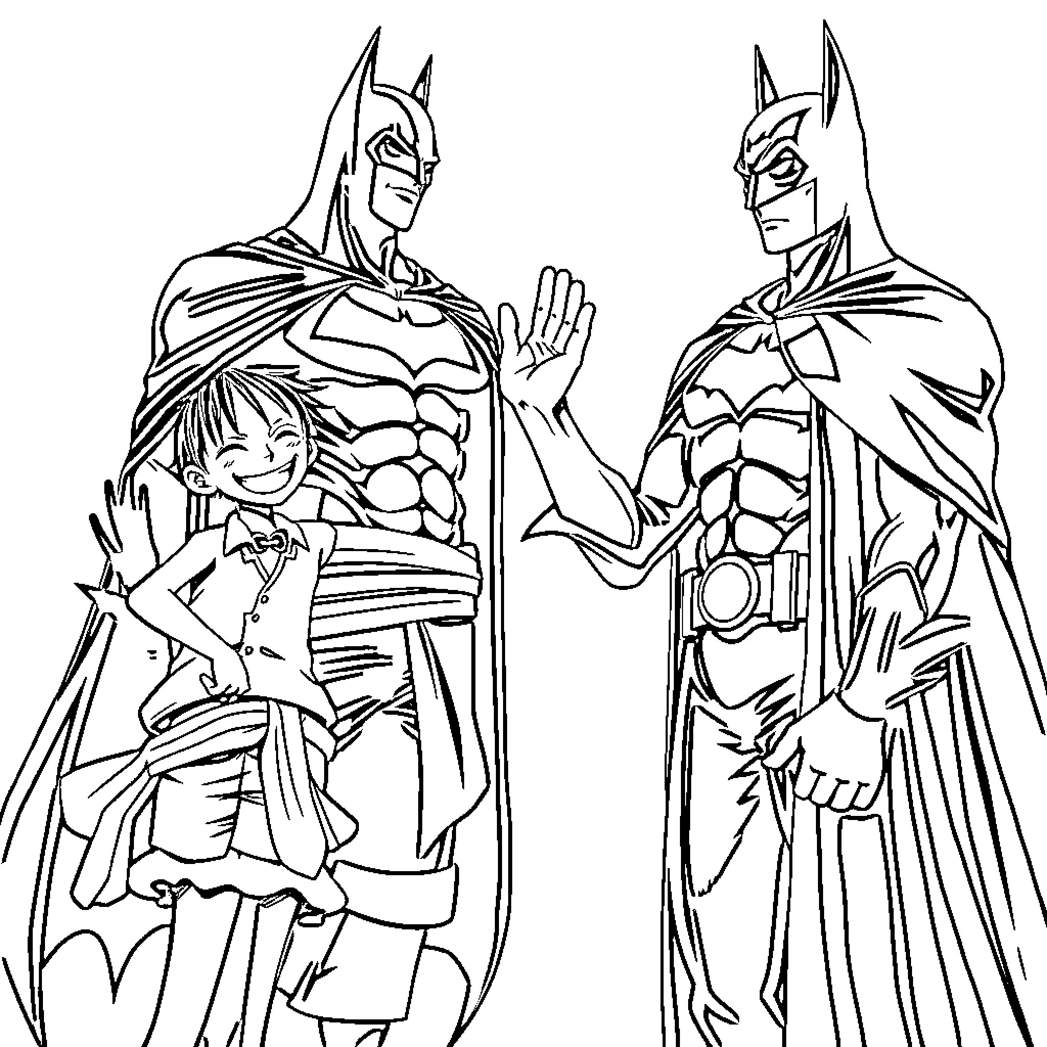 Monkey D Luffy and Batman in action pose Coloring Page (free black-and-white line drawing printable PDF for all, from beginners to advanced learners, including children, teens, adults, and seniors)