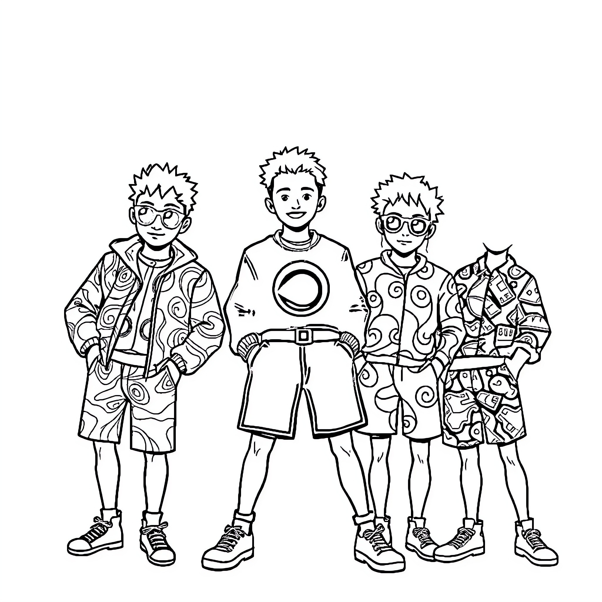 Saja Boy and his friends in colorful outfits Coloring Page (free black-and-white line drawing printable PDF for all, from beginners to advanced learners, including children, teens, adults, and seniors)