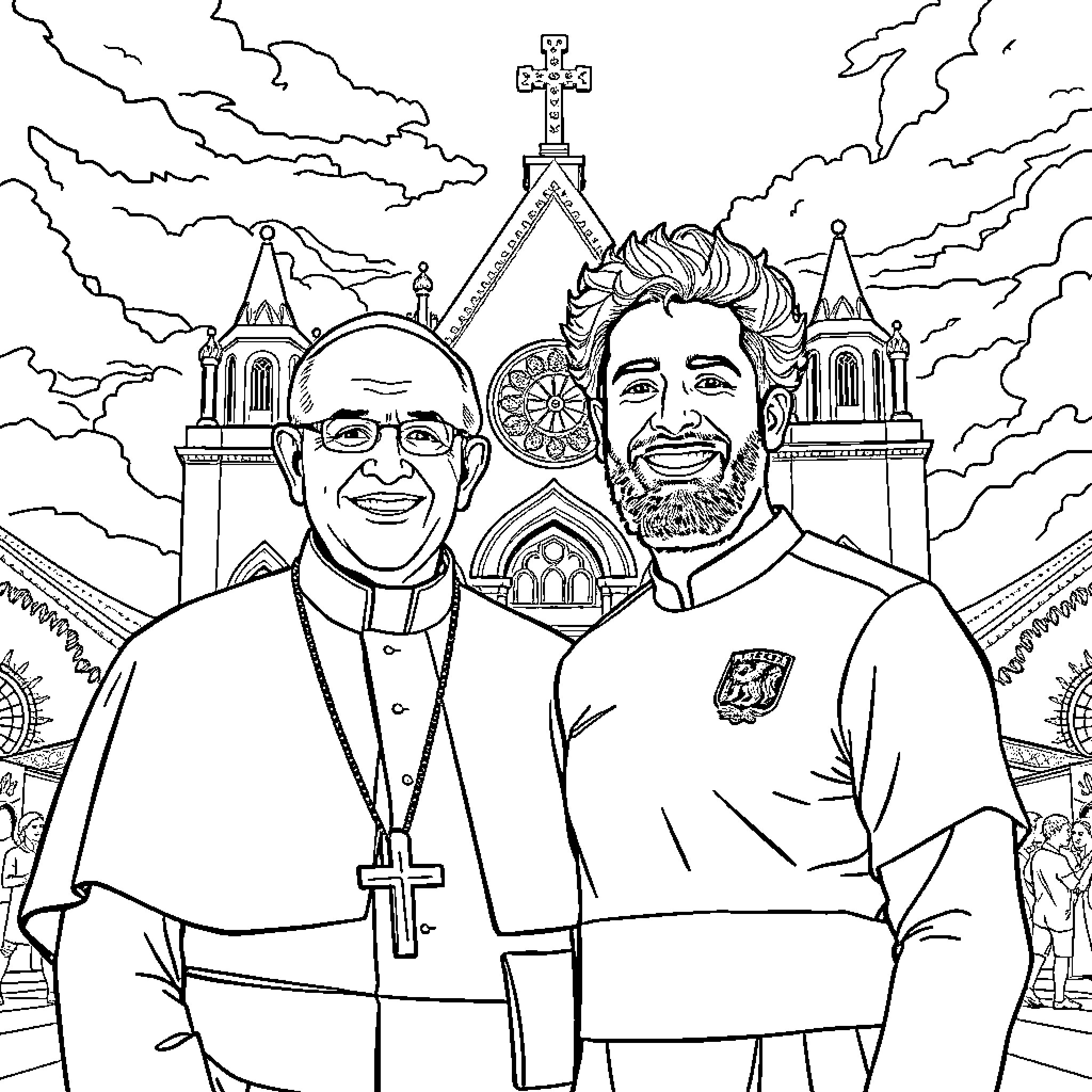 Salah posing with a religious figure in front of a church Coloring Page (free black-and-white line drawing printable PDF for all, from beginners to advanced learners, including children, teens, adults, and seniors)