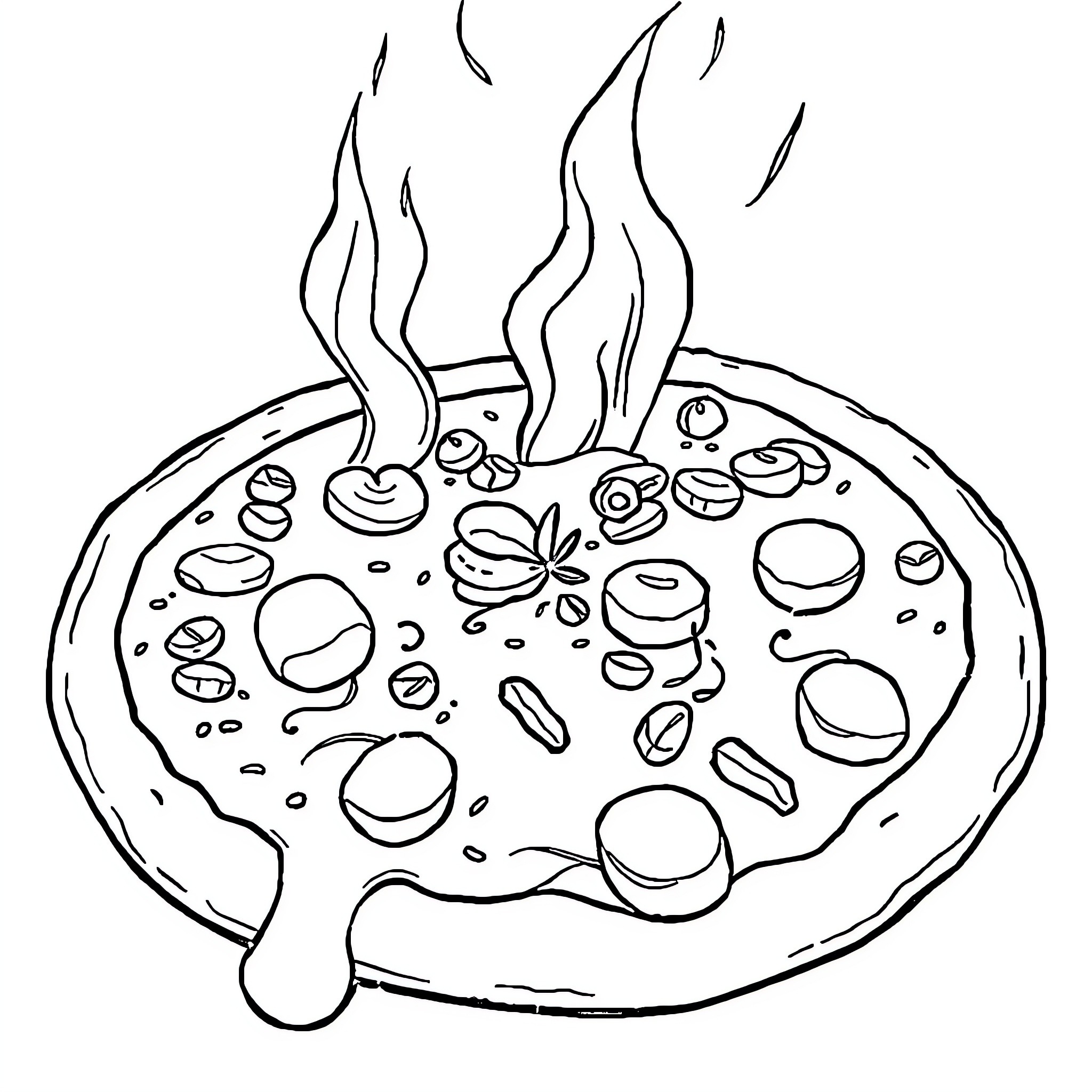 Pizza with Steaming Toppings Coloring Page (free black-and-white line drawing printable PDF for all, from beginners to advanced learners, including children, teens, adults, and seniors)
