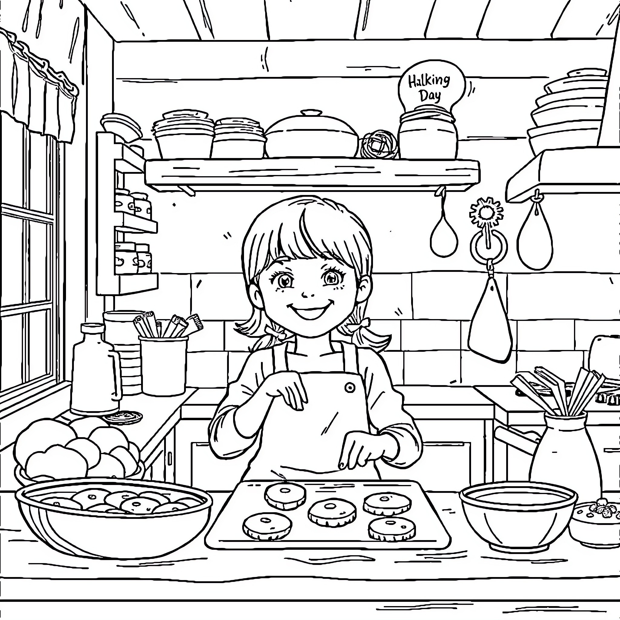 Girl baking treats in a cozy kitchen Coloring Page (free black-and-white line drawing printable PDF for all, from beginners to advanced learners, including children, teens, adults, and seniors)