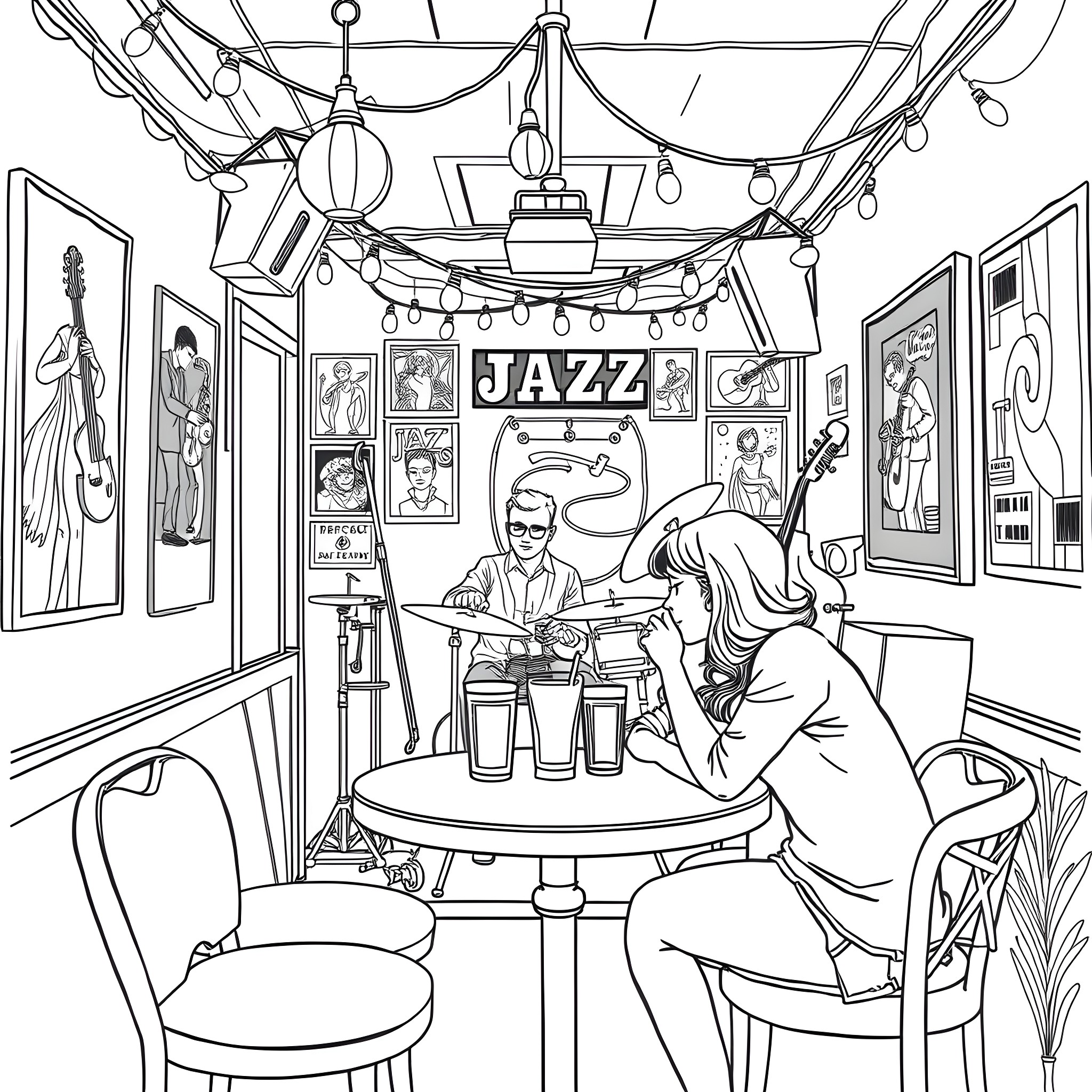 Jazz Café: Musicians Performing in Vibrant Atmosphere Coloring Page (free black-and-white line drawing printable PDF for all, from beginners to advanced learners, including children, teens, adults, and seniors)