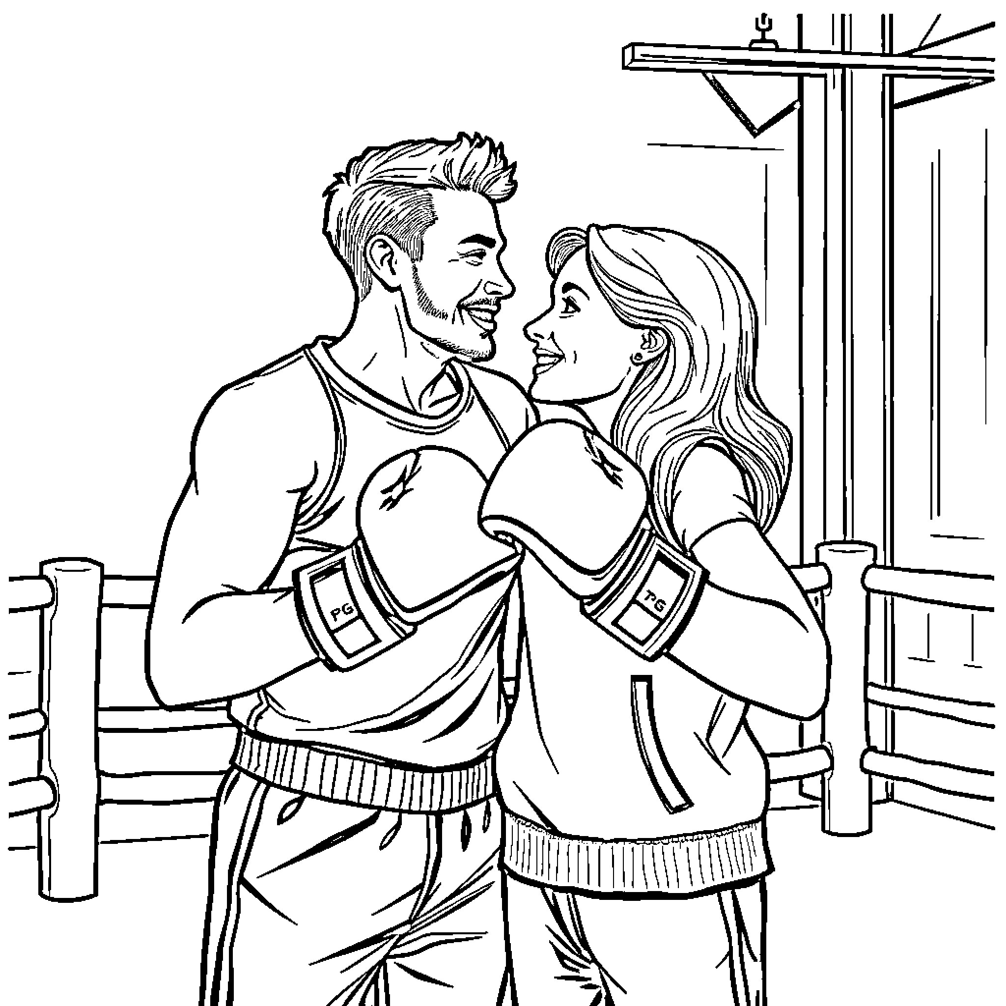 Couple embracing with affection in the city Coloring Page (free black-and-white line drawing printable PDF for all, from beginners to advanced learners, including children, teens, adults, and seniors)