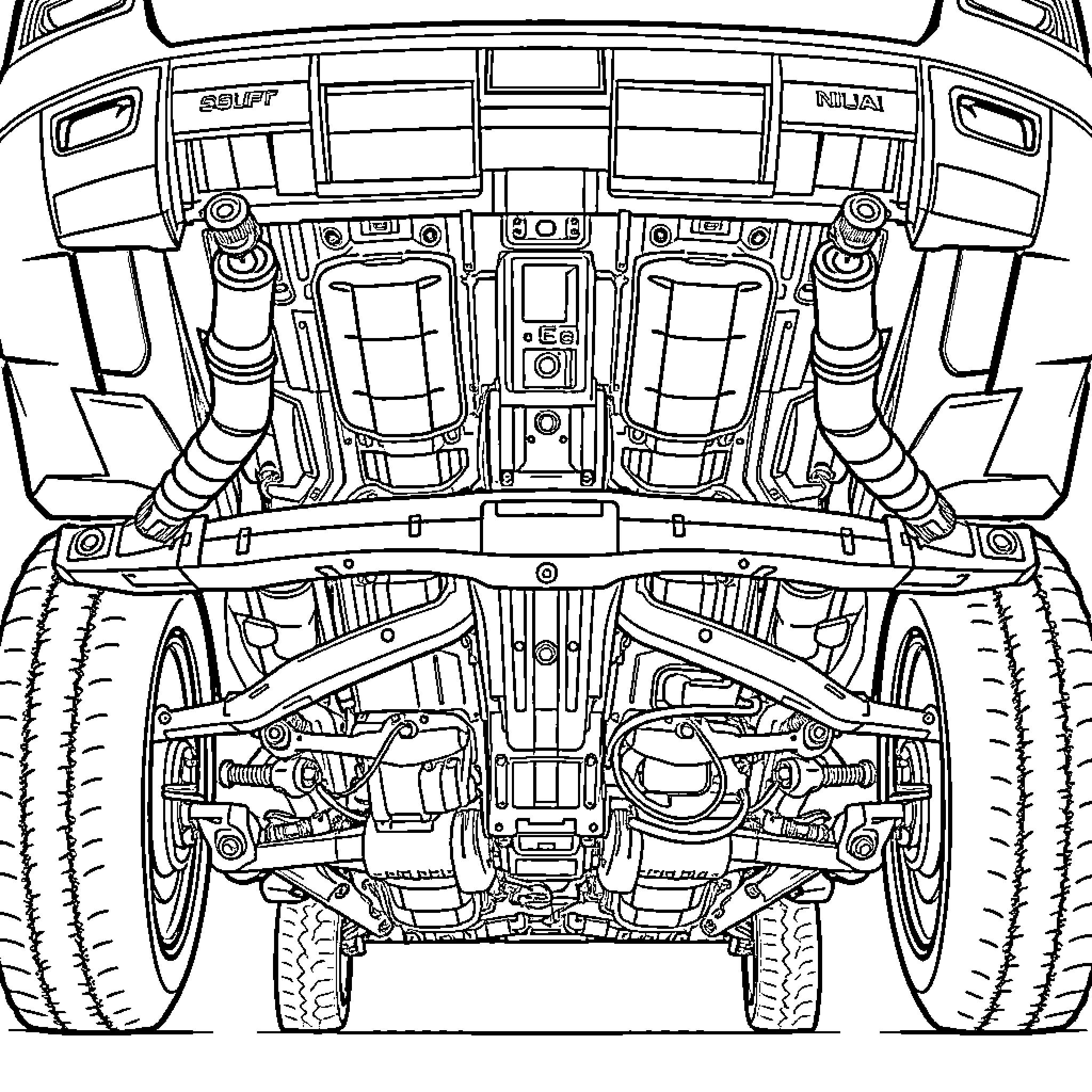Subaru vehicle engine and undercarriage view Coloring Page (free black-and-white line drawing printable PDF for all, from beginners to advanced learners, including children, teens, adults, and seniors)