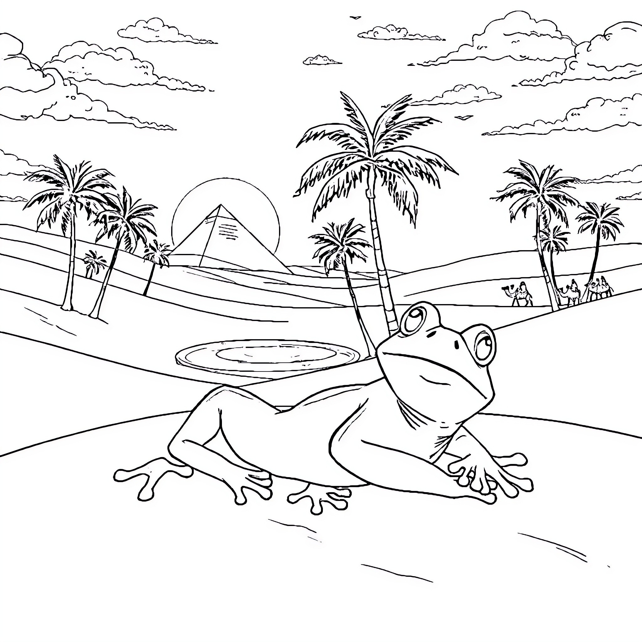 Pepe the Frog Enjoying Tropical Scenery Coloring Page (free black-and-white line drawing printable PDF for all, from beginners to advanced learners, including children, teens, adults, and seniors)