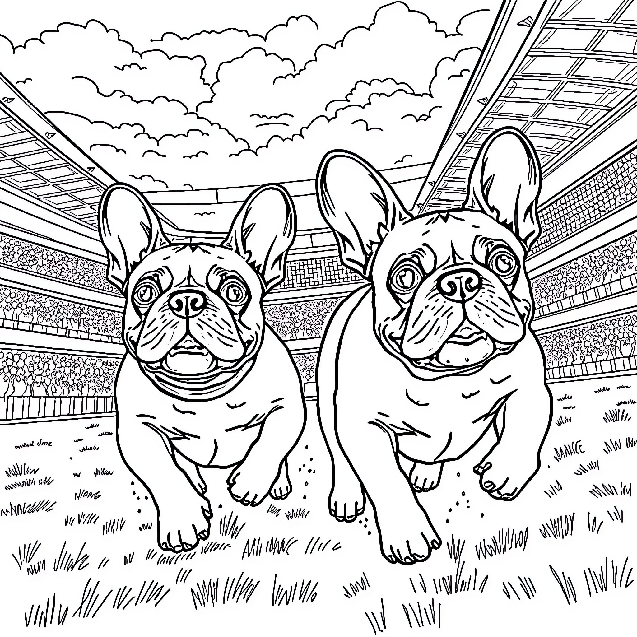 French Bulldogs playing in the stadium Coloring Page (free black-and-white line drawing printable PDF for all, from beginners to advanced learners, including children, teens, adults, and seniors)