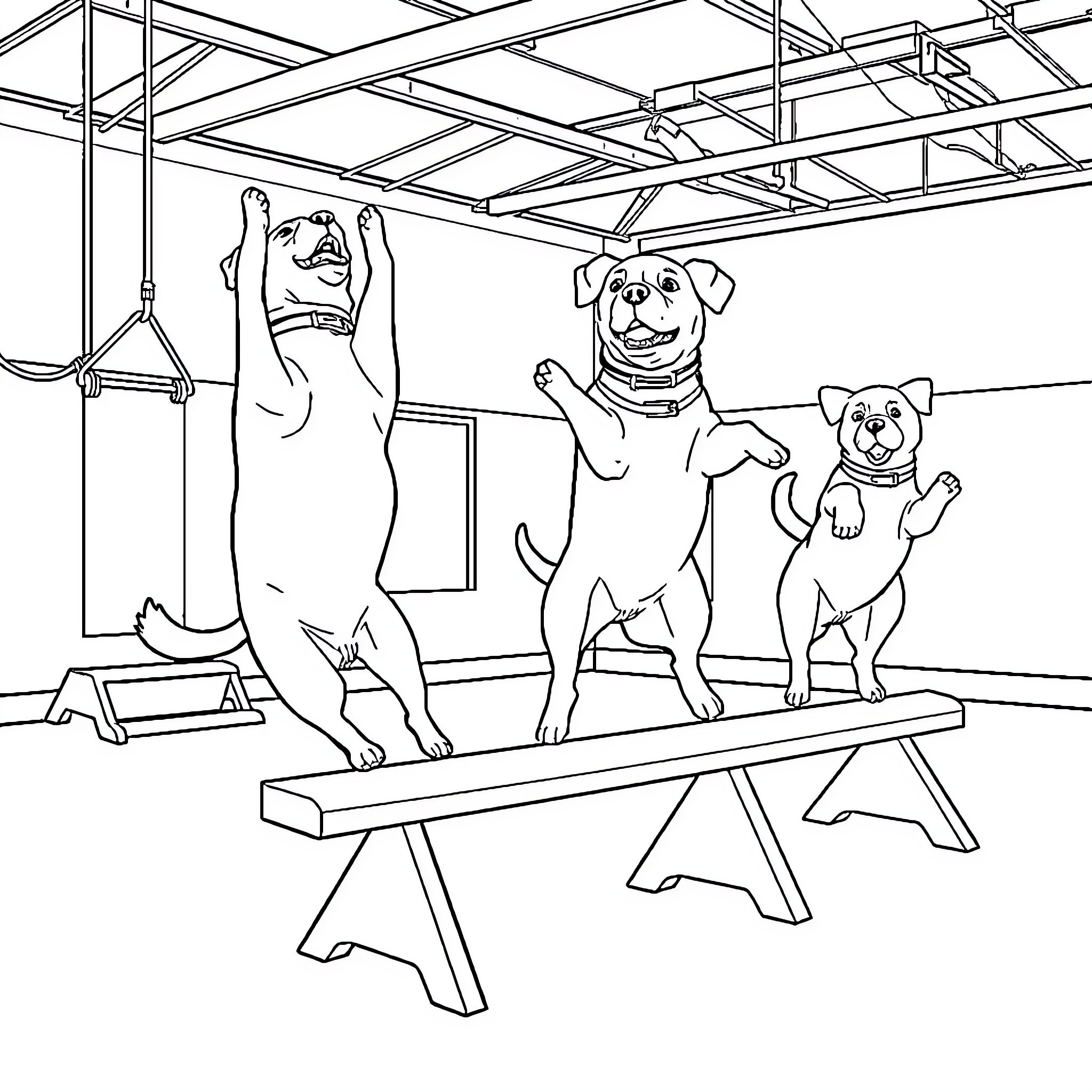Dogs playing in an indoor gym Coloring Page (free black-and-white line drawing printable PDF for all, from beginners to advanced learners, including children, teens, adults, and seniors)