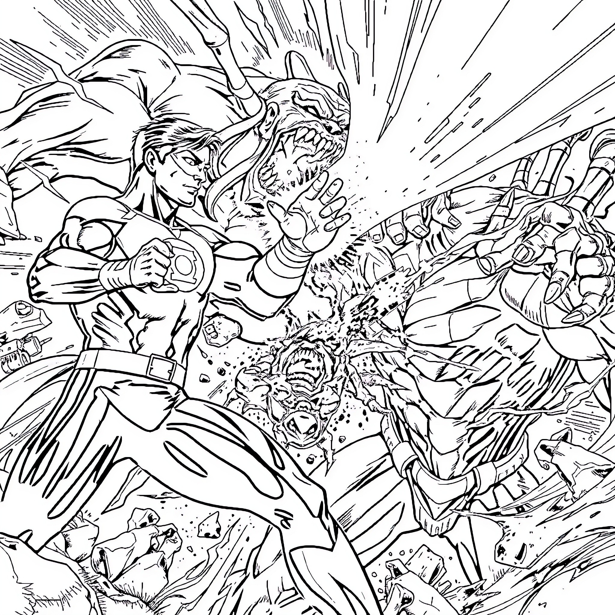 Green Lantern Battles Powerful Alien Adversaries Coloring Page (free black-and-white line drawing printable PDF for all, from beginners to advanced learners, including children, teens, adults, and seniors)