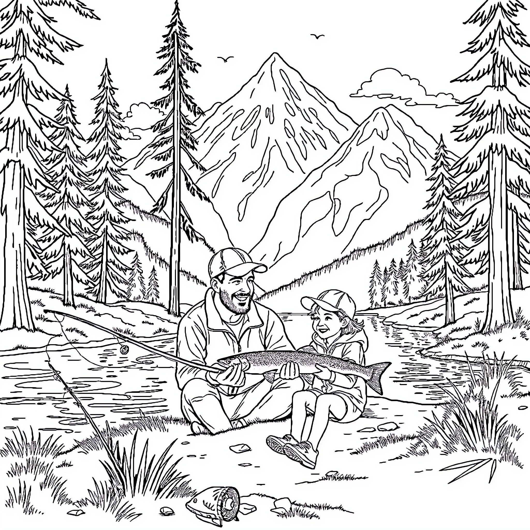 Dad and child fishing in the mountains Coloring Page (free black-and-white line drawing printable PDF for all, from beginners to advanced learners, including children, teens, adults, and seniors)