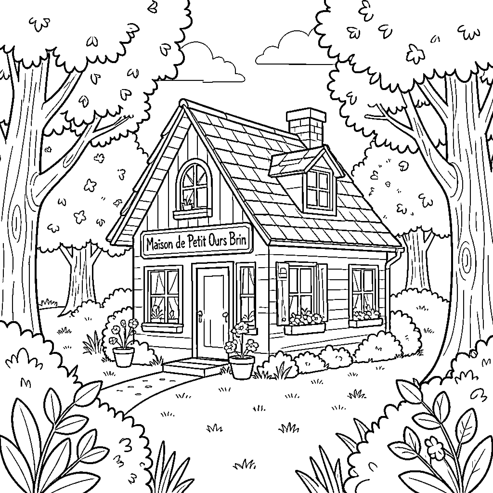Maison nestled among lush trees and blooming flowers Coloring Page (free black-and-white line drawing printable PDF for all, from beginners to advanced learners, including children, teens, adults, and seniors)