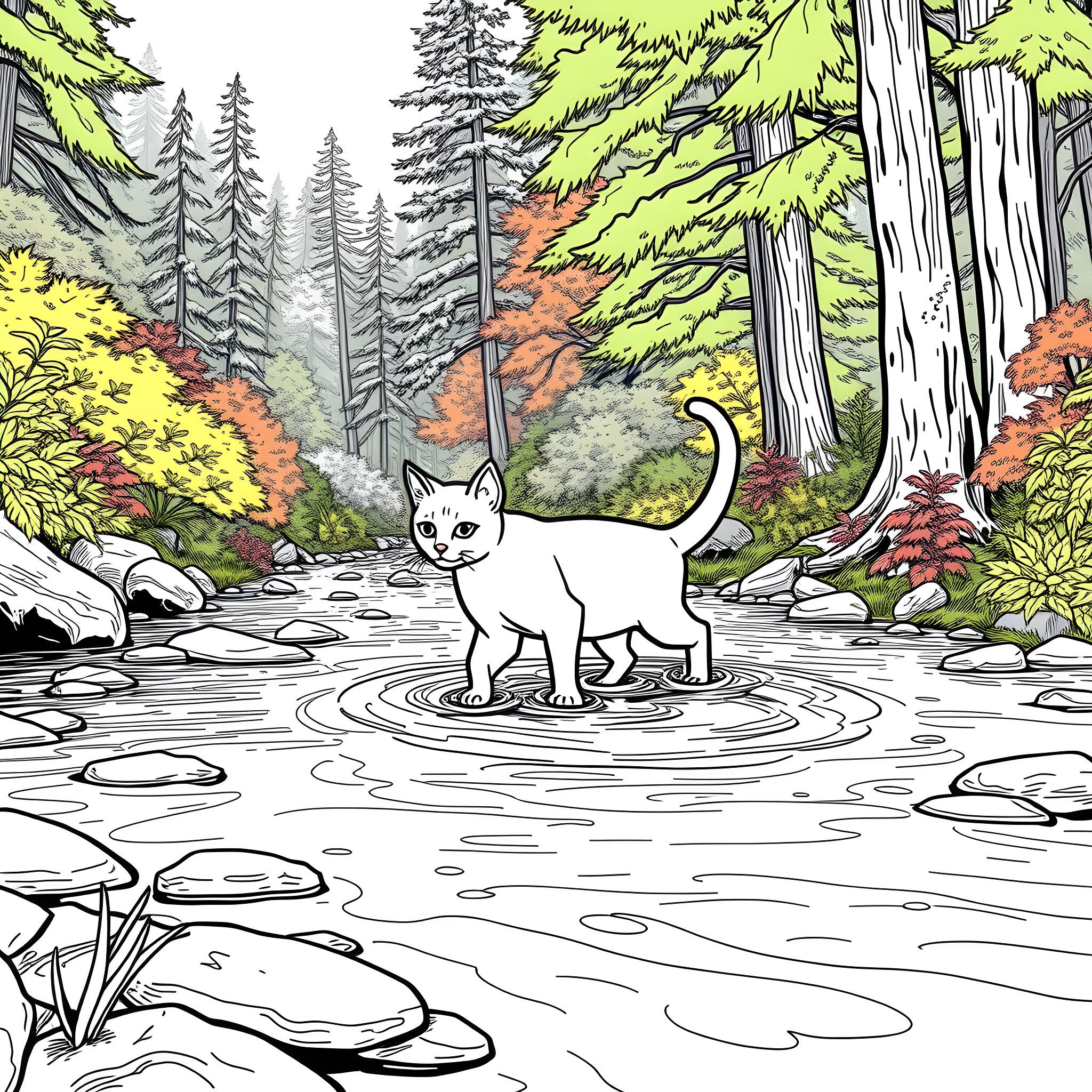 Cat exploring serene forest stream Coloring Page (free black-and-white line drawing printable PDF for all, from beginners to advanced learners, including children, teens, adults, and seniors)