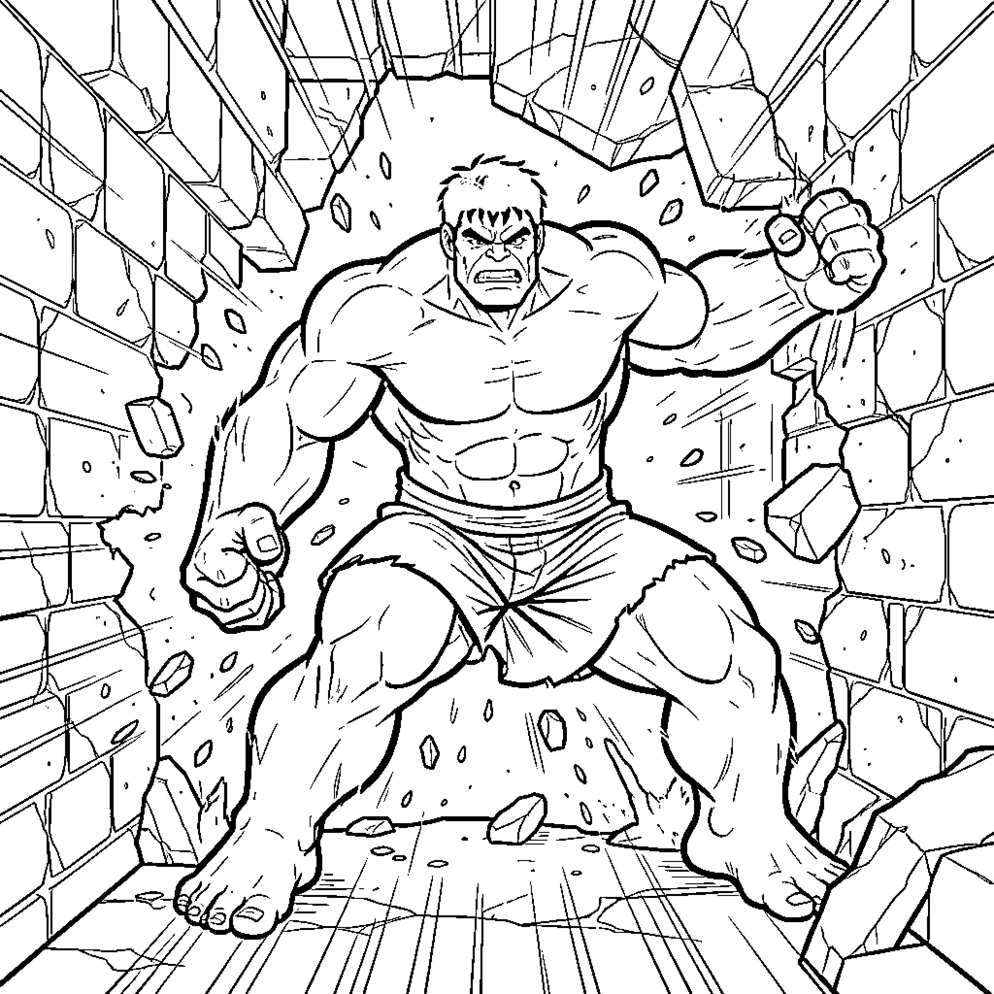 Hulk smashing through a brick wall with an angry expression Coloring Page (free black-and-white line drawing printable PDF for all, from beginners to advanced learners, including children, teens, adults, and seniors)