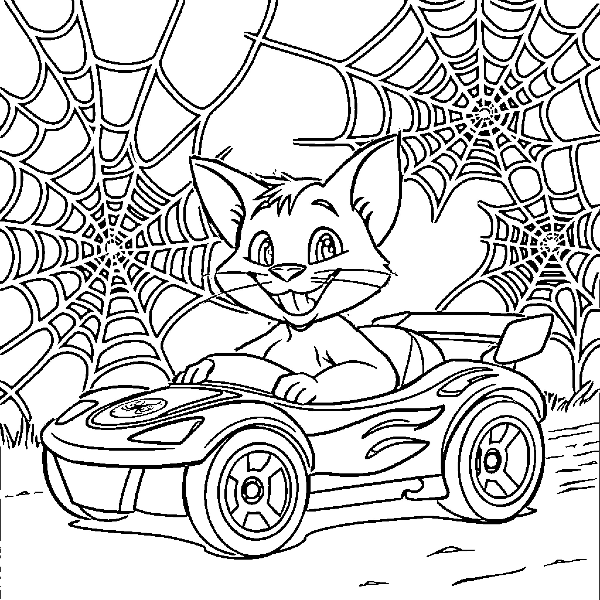 Talking Tom Driving a Speedy Racer through Spider Webs Coloring Page (free black-and-white line drawing printable PDF for all, from beginners to advanced learners, including children, teens, adults, and seniors)