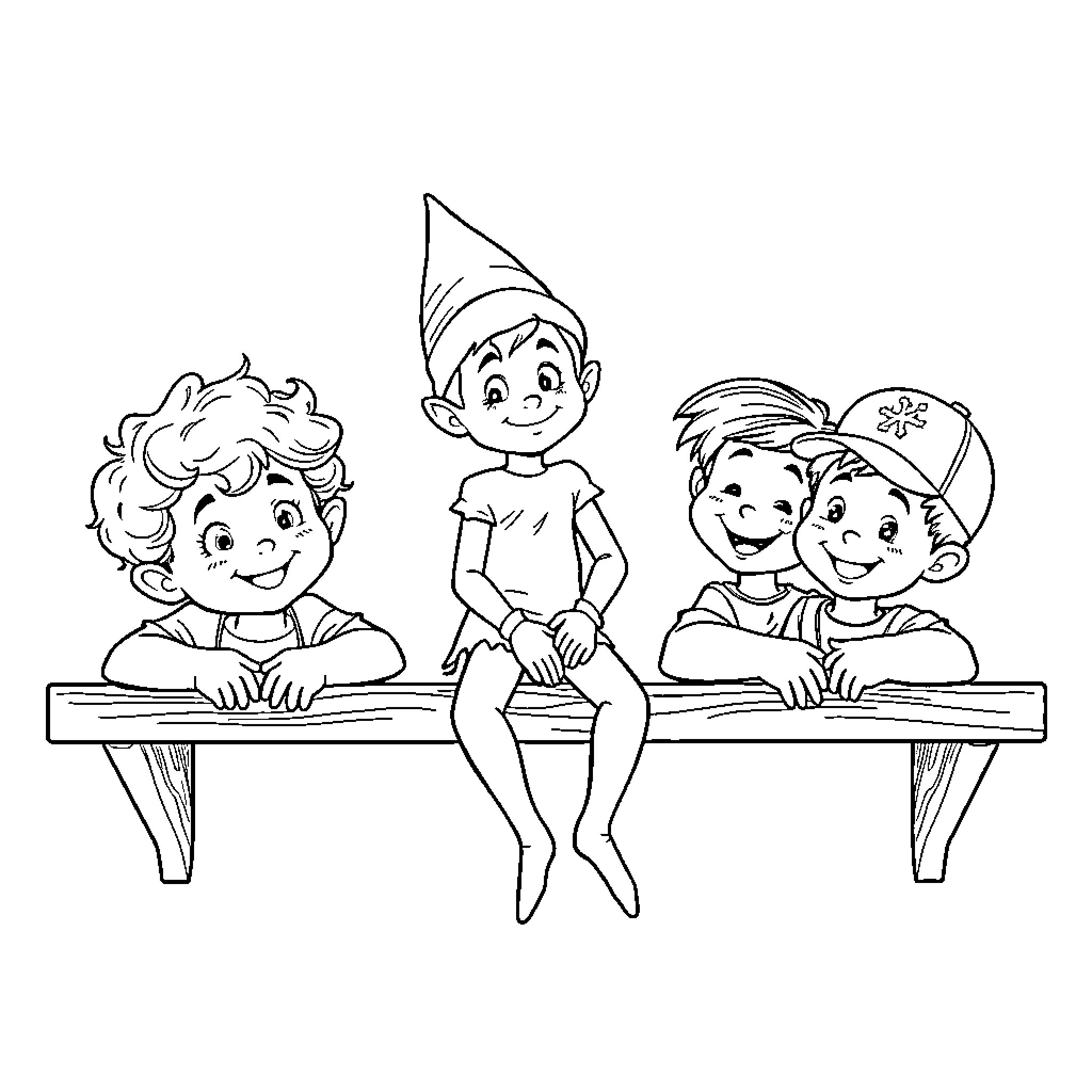 Elf characters playing and interacting at a table Coloring Page (free black-and-white line drawing printable PDF for all, from beginners to advanced learners, including children, teens, adults, and seniors)