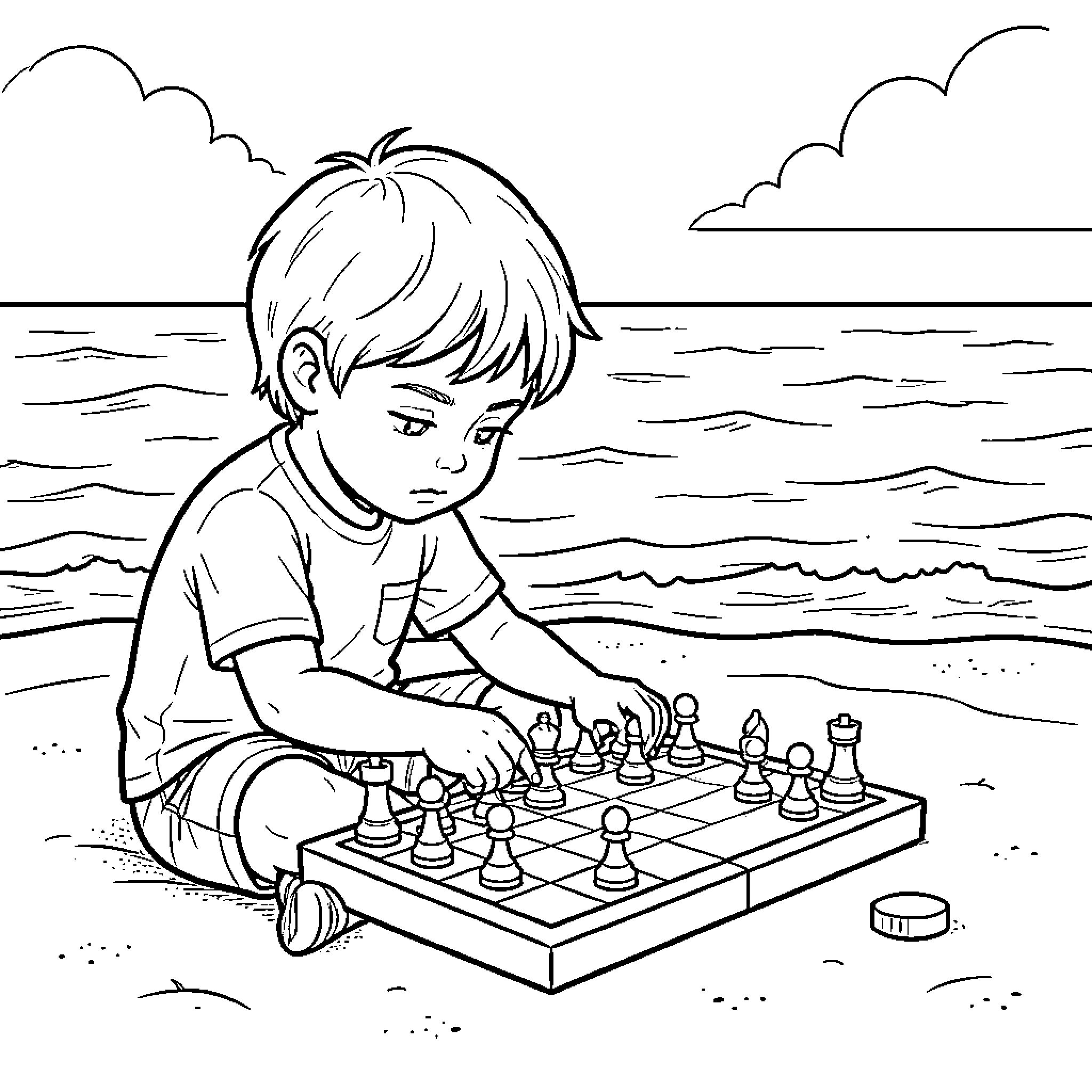 Child focused on playing chess on the beach Coloring Page (free black-and-white line drawing printable PDF for all, from beginners to advanced learners, including children, teens, adults, and seniors)