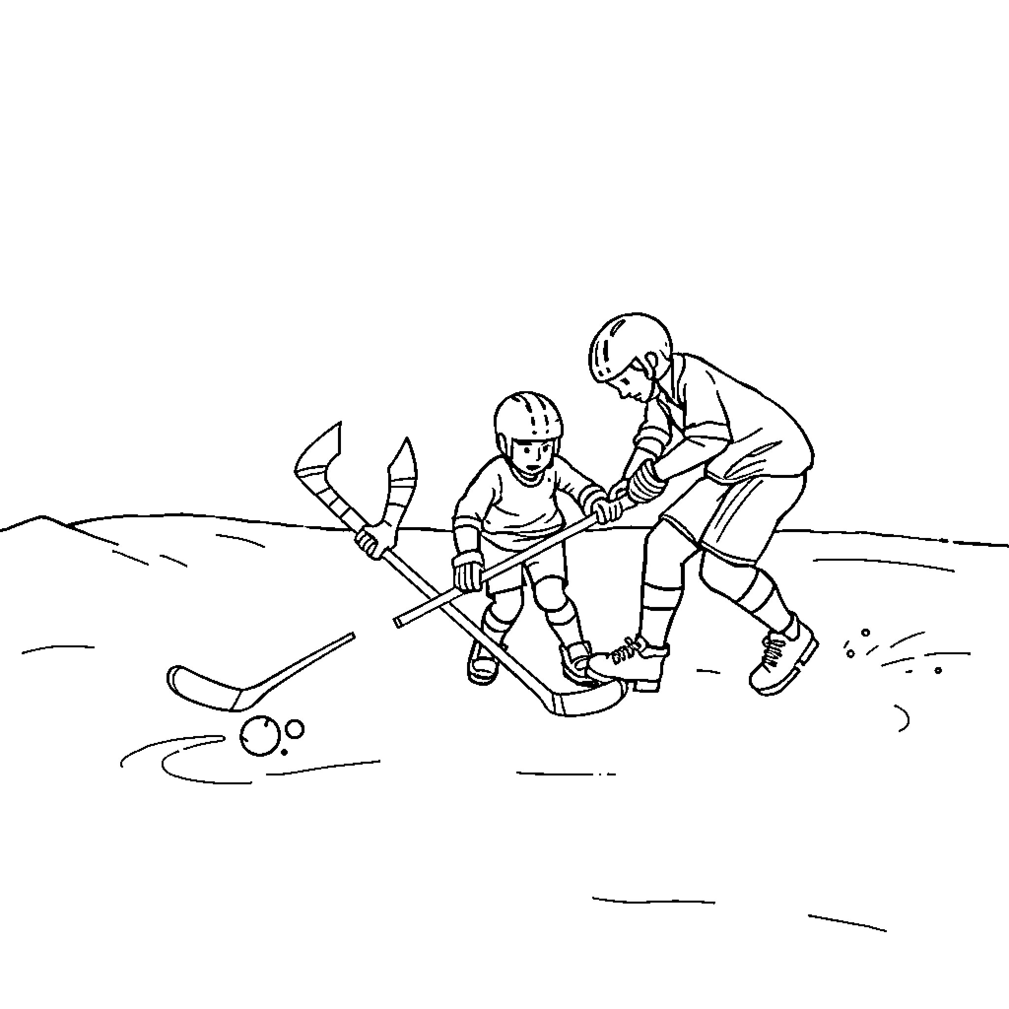 Hockey Players Competing on the Ice Coloring Page (free black-and-white line drawing printable PDF for all, from beginners to advanced learners, including children, teens, adults, and seniors)