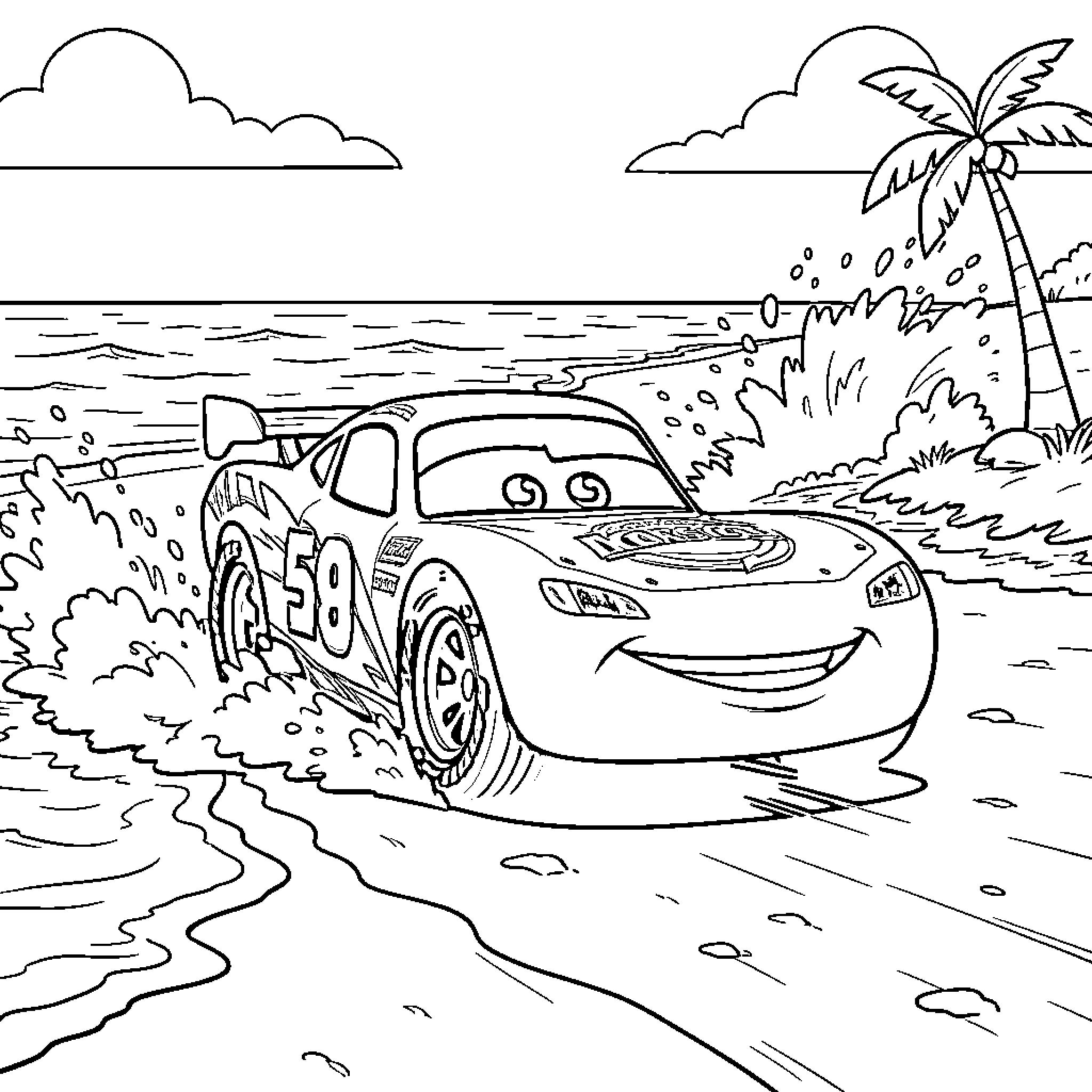 Francesco driving a race car along the beach Coloring Page (free black-and-white line drawing printable PDF for all, from beginners to advanced learners, including children, teens, adults, and seniors)