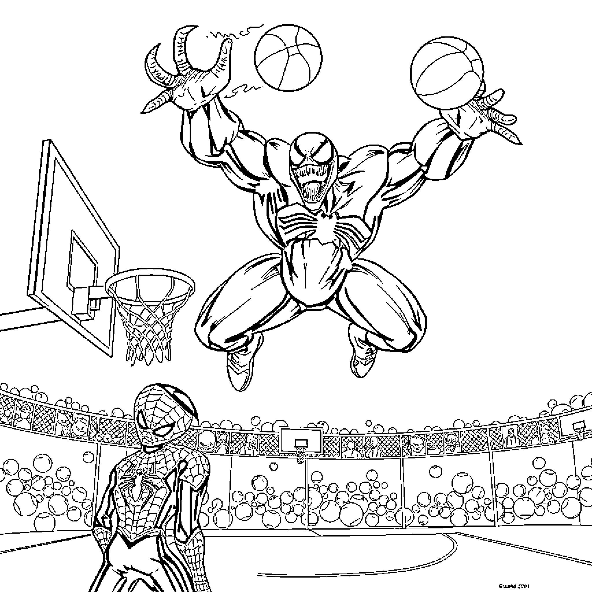 Venom dunking basketball with Spider-Man in stadium Coloring Page (free black-and-white line drawing printable PDF for all, from beginners to advanced learners, including children, teens, adults, and seniors)
