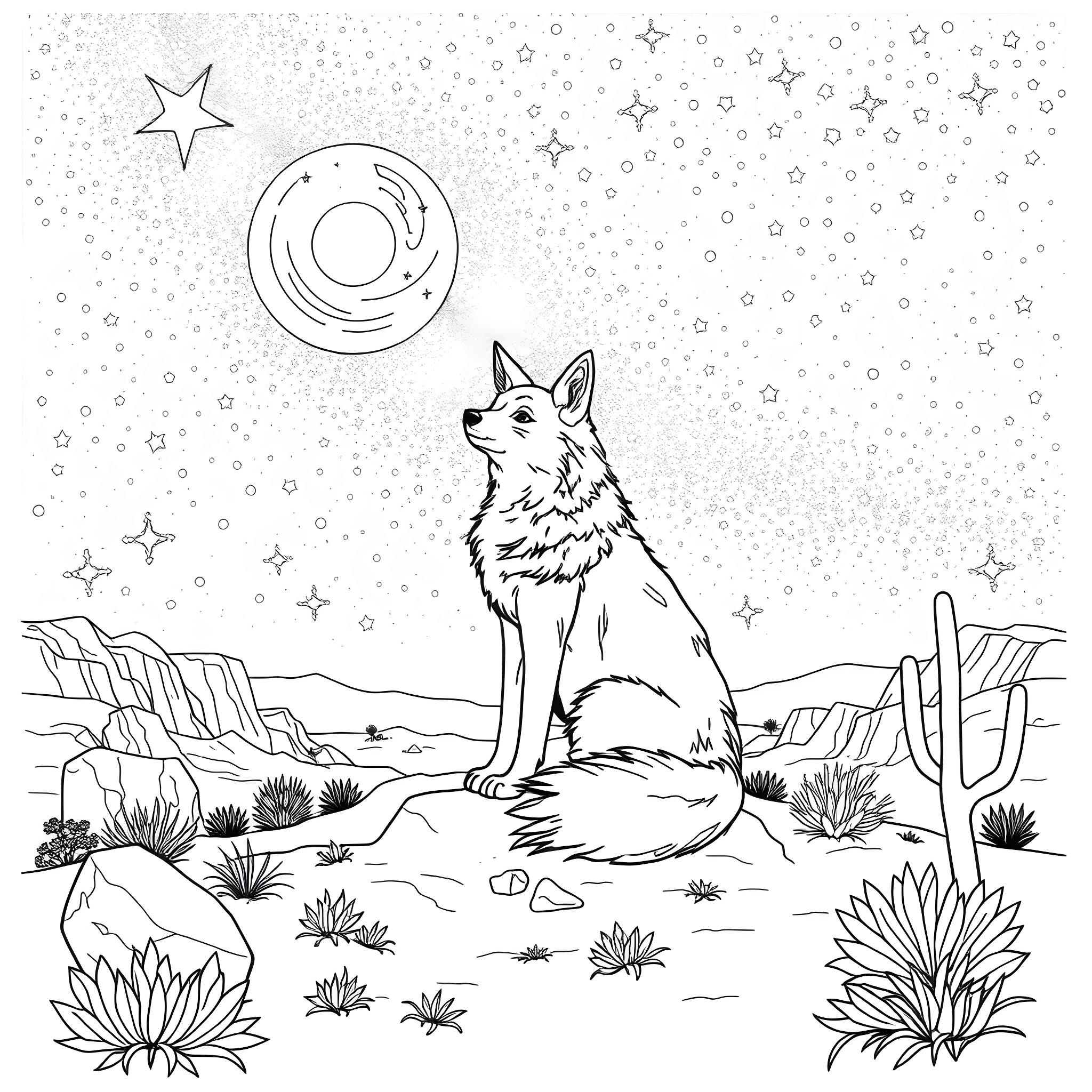 Coyote howling at the crescent moon in the desert Coloring Page (free black-and-white line drawing printable PDF for all, from beginners to advanced learners, including children, teens, adults, and seniors)