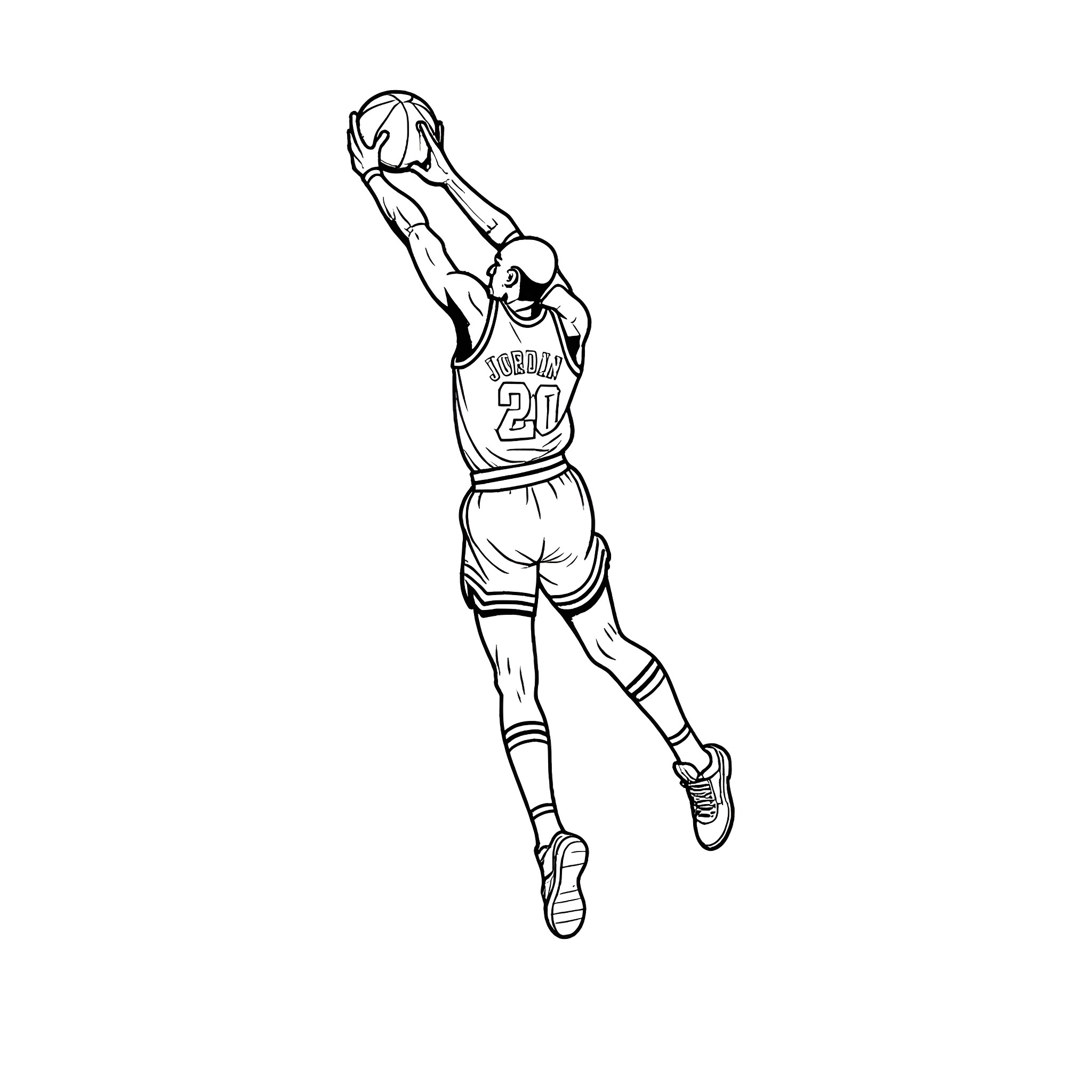 Michael Jordan jumping with outstretched arms Coloring Page (free black-and-white line drawing printable PDF for all, from beginners to advanced learners, including children, teens, adults, and seniors)