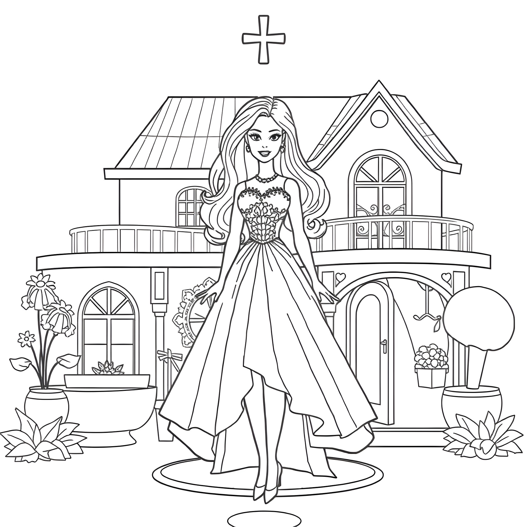 Barbie in a beautiful ballgown at a charming cottage Coloring Page (free black-and-white line drawing printable PDF for all, from beginners to advanced learners, including children, teens, adults, and seniors)