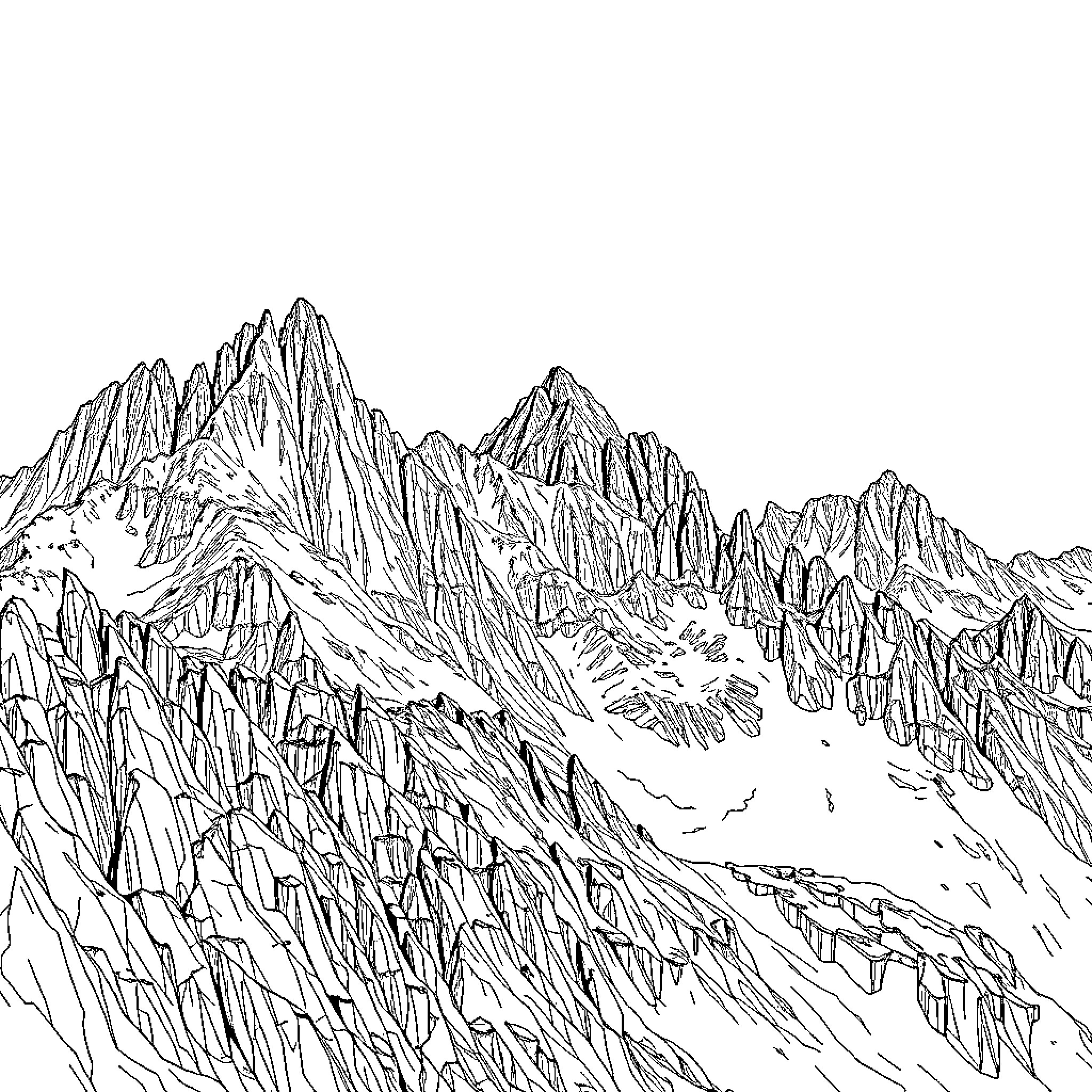 Mountain Landscape with Rugged Peaks and Valleys Coloring Page (free black-and-white line drawing printable PDF for all, from beginners to advanced learners, including children, teens, adults, and seniors)