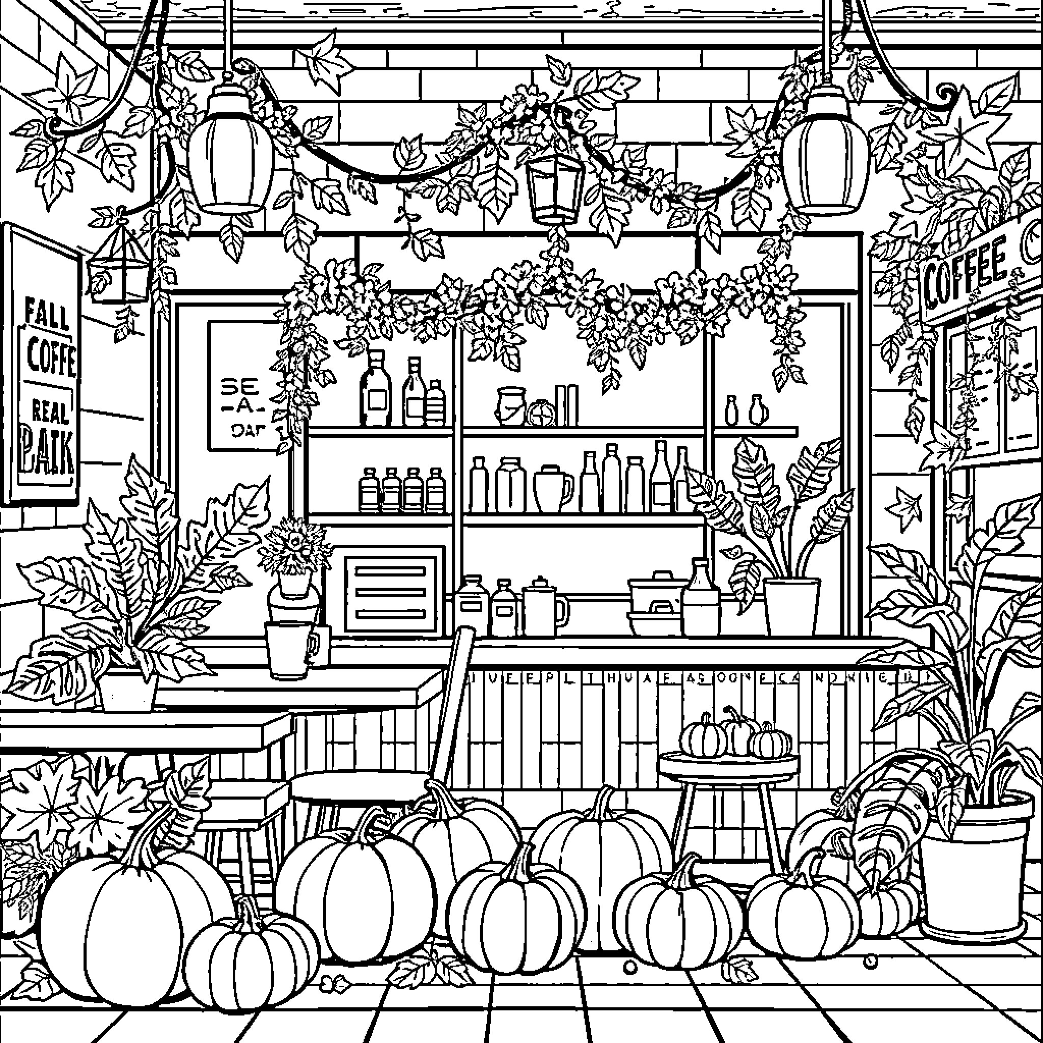 Coffee Shop with Seasonal Decor and Pumpkin Display Coloring Page (free black-and-white line drawing printable PDF for all, from beginners to advanced learners, including children, teens, adults, and seniors)