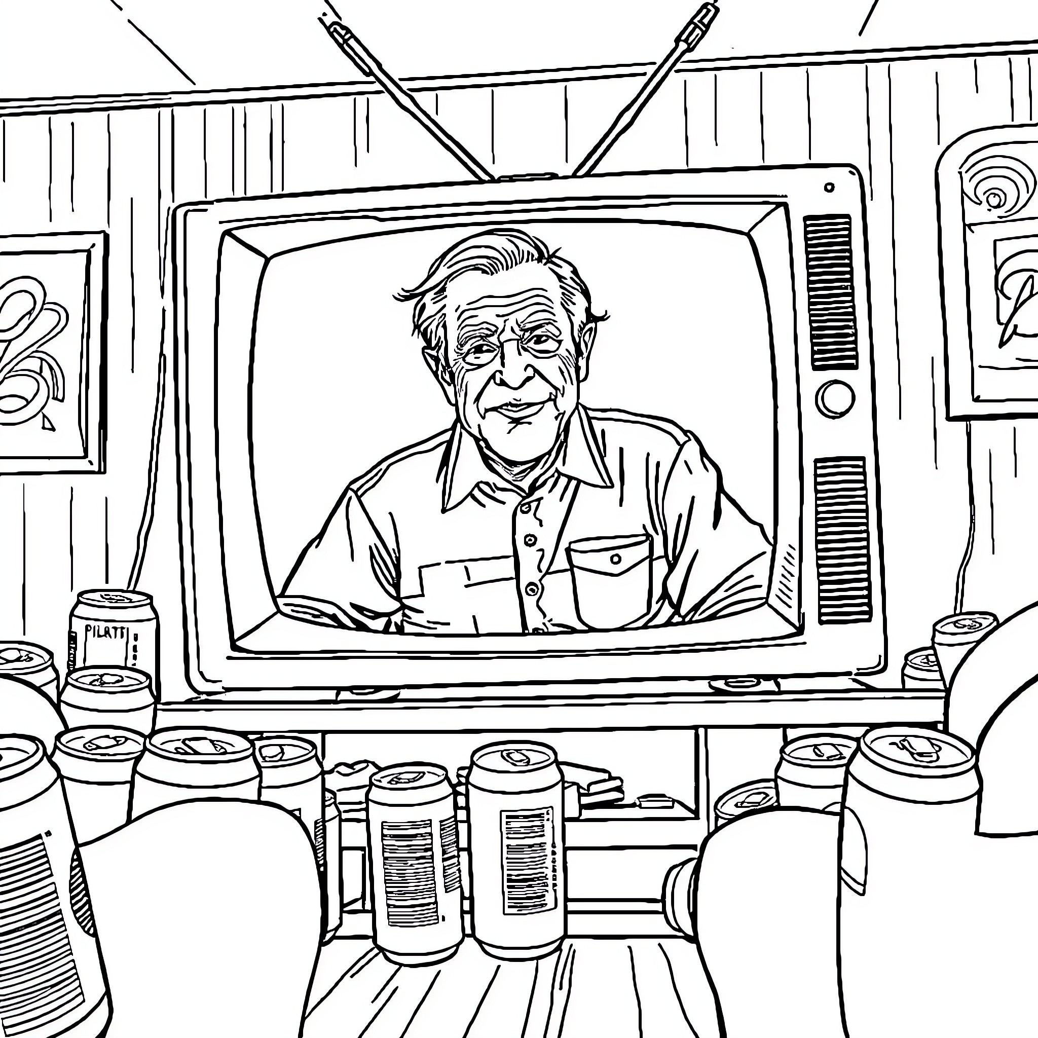 TV Featuring Older Man on Vintage Screen Coloring Page (free black-and-white line drawing printable PDF for all, from beginners to advanced learners, including children, teens, adults, and seniors)