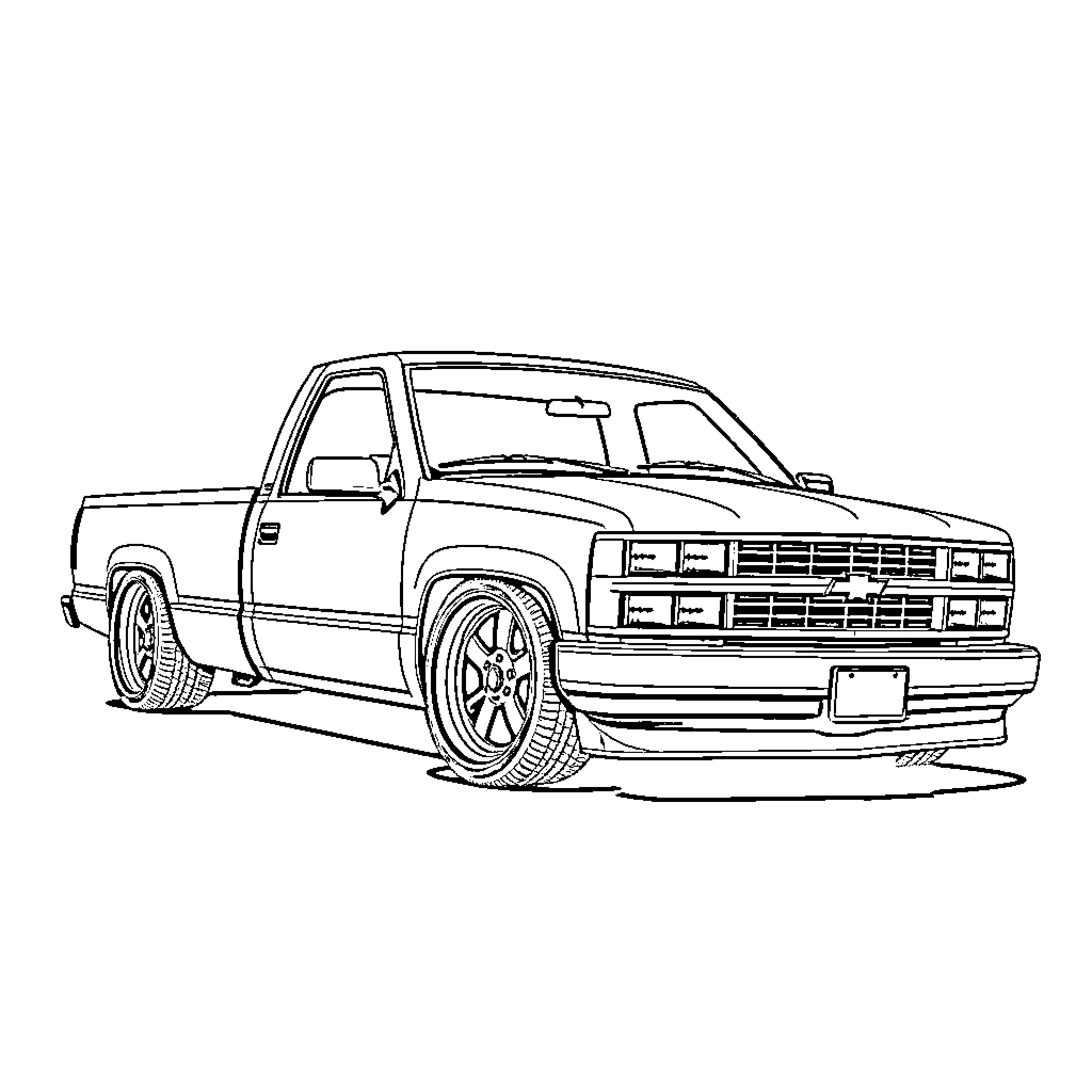 Chevy pickup truck in dynamic pose Coloring Page (free black-and-white line drawing printable PDF for all, from beginners to advanced learners, including children, teens, adults, and seniors)