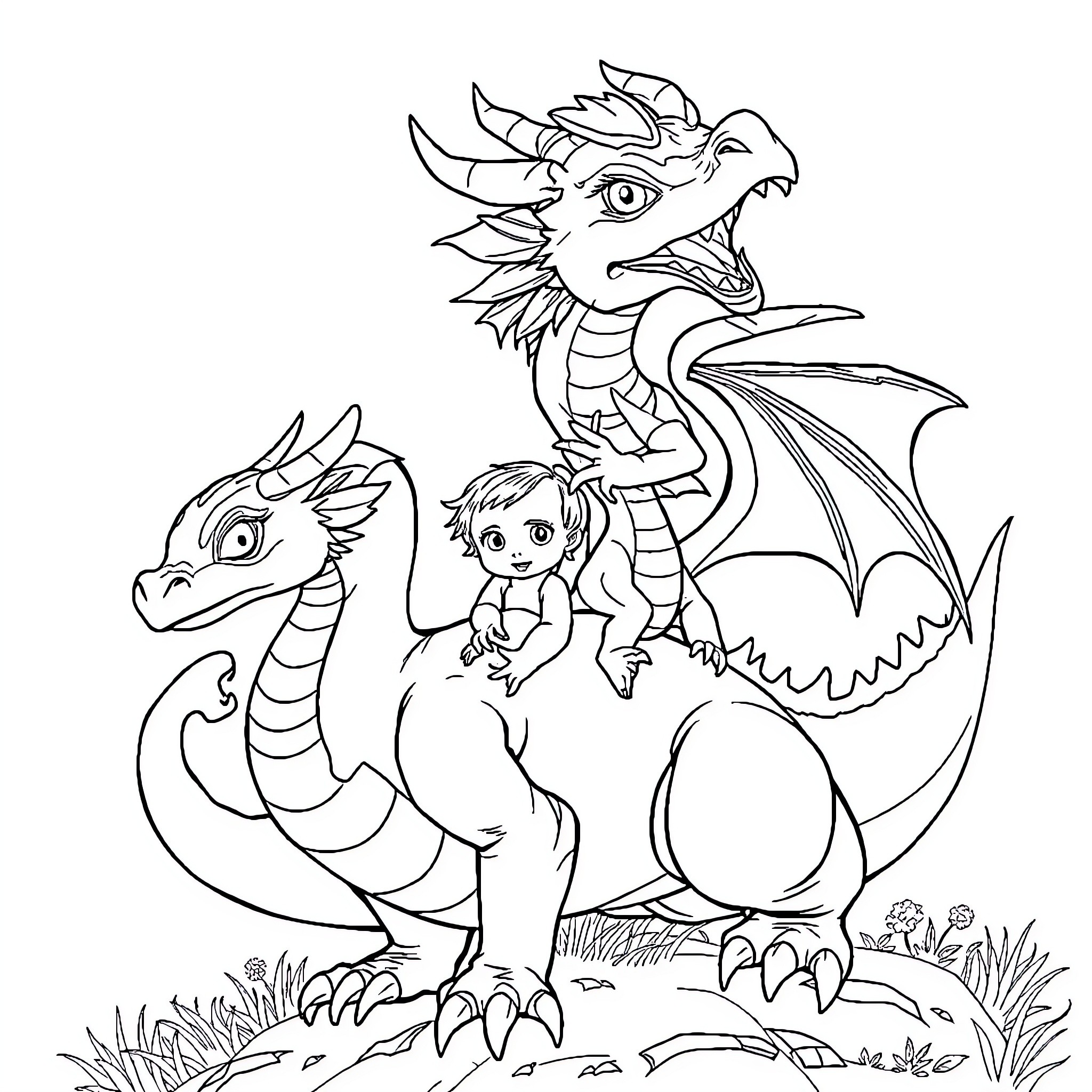 Dragon Friends Playing in the Meadow Coloring Page (free black-and-white line drawing printable PDF for all, from beginners to advanced learners, including children, teens, adults, and seniors)