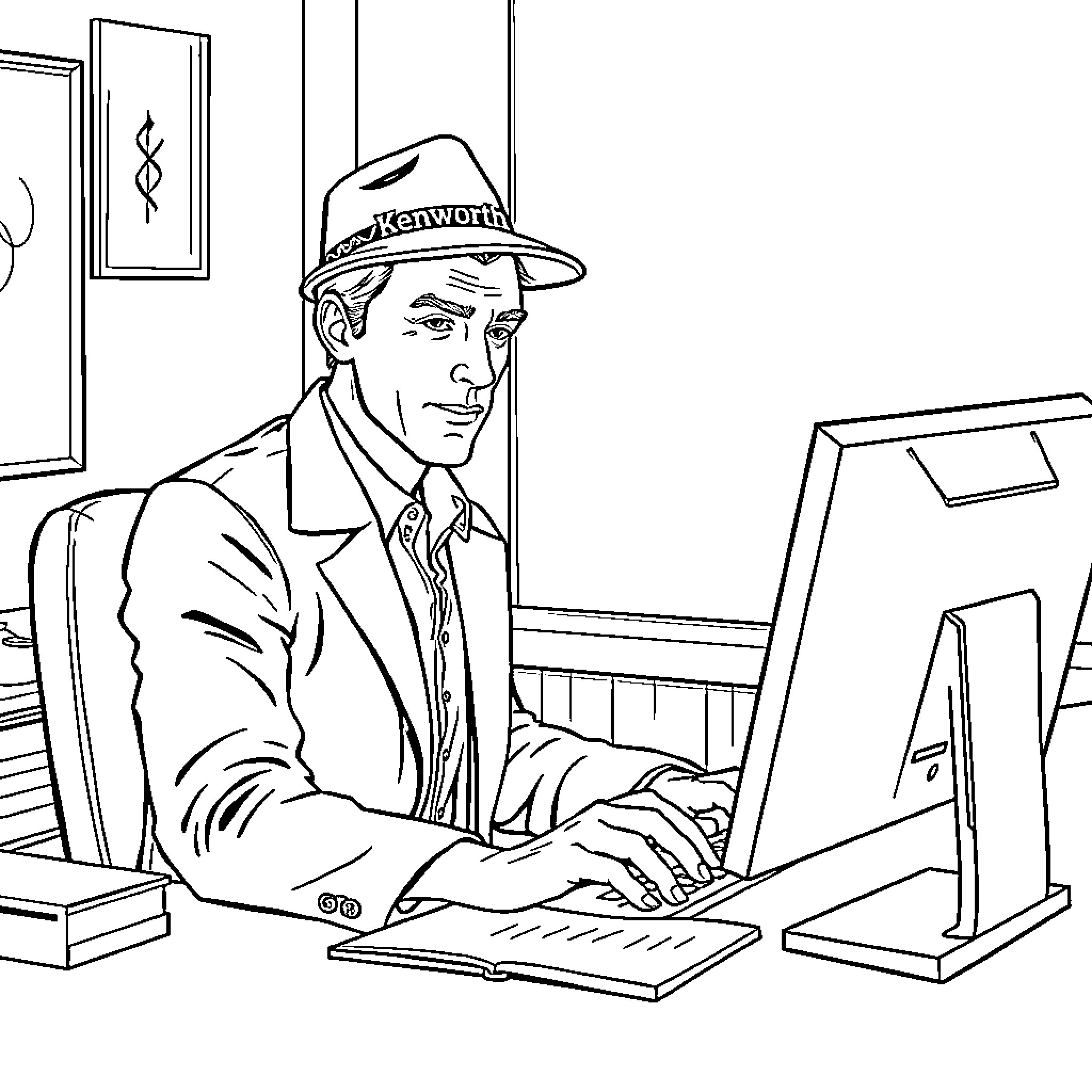 Benjamin Cumberbatch working intently on computer in office Coloring Page (free black-and-white line drawing printable PDF for all, from beginners to advanced learners, including children, teens, adults, and seniors)