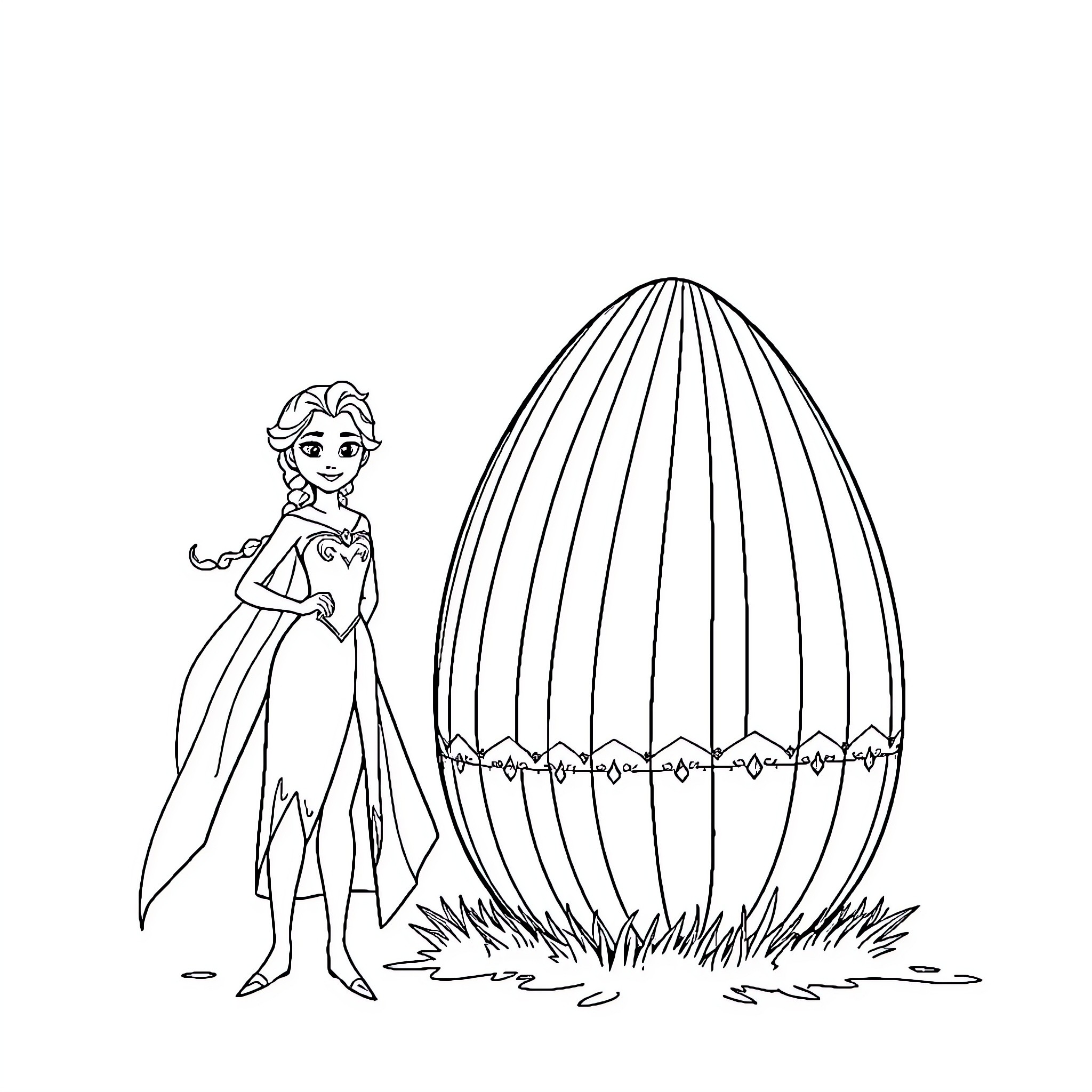 Elsa's Enchanting Egg Discovery Coloring Page (free black-and-white line drawing printable PDF for all, from beginners to advanced learners, including children, teens, adults, and seniors)