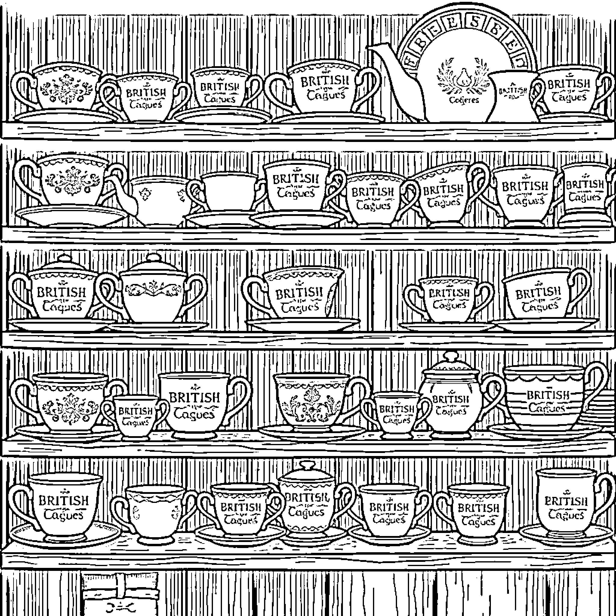 Tea Cup Shelves Filled with British Cups and Saucers Coloring Page (free black-and-white line drawing printable PDF for all, from beginners to advanced learners, including children, teens, adults, and seniors)