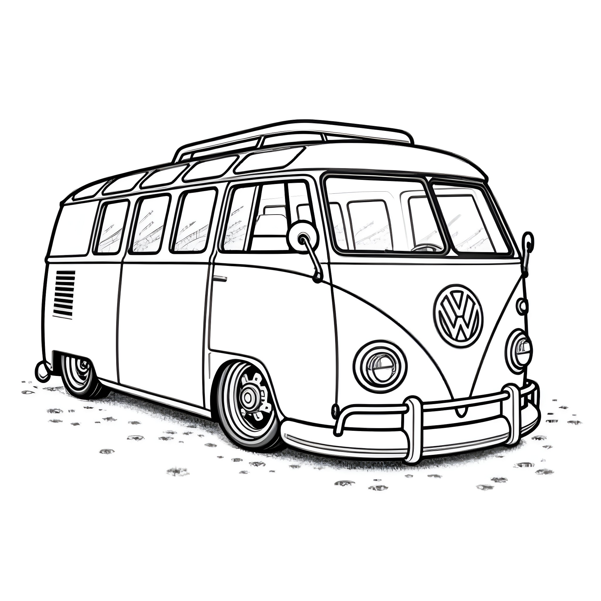 Volkswagen Bus camping adventure Coloring Page (free black-and-white line drawing printable PDF for all, from beginners to advanced learners, including children, teens, adults, and seniors)