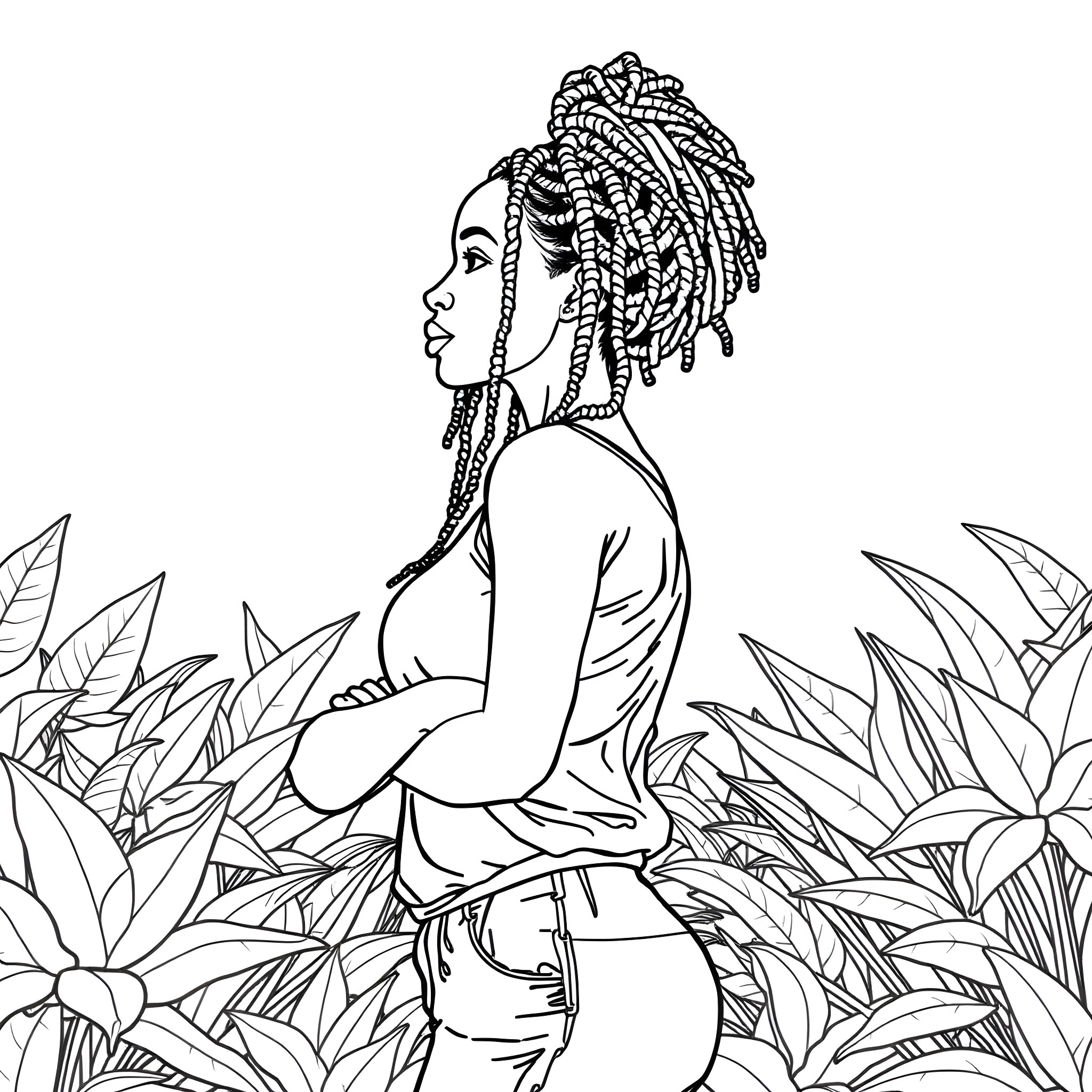Woman surrounded by lush foliage Coloring Page (free black-and-white line drawing printable PDF for all, from beginners to advanced learners, including children, teens, adults, and seniors)