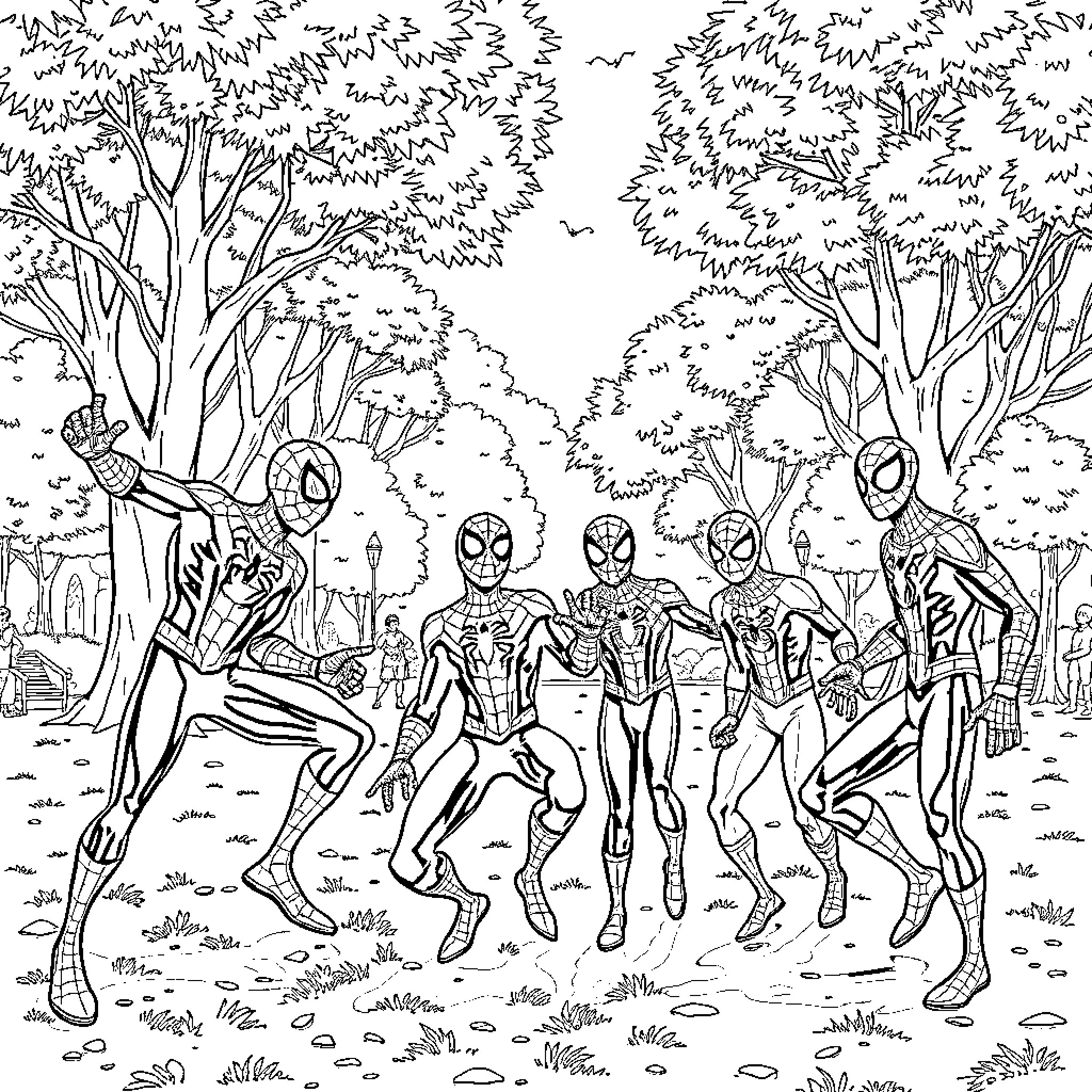 Spider-Man heroes team up in forest setting Coloring Page (free black-and-white line drawing printable PDF for all, from beginners to advanced learners, including children, teens, adults, and seniors)