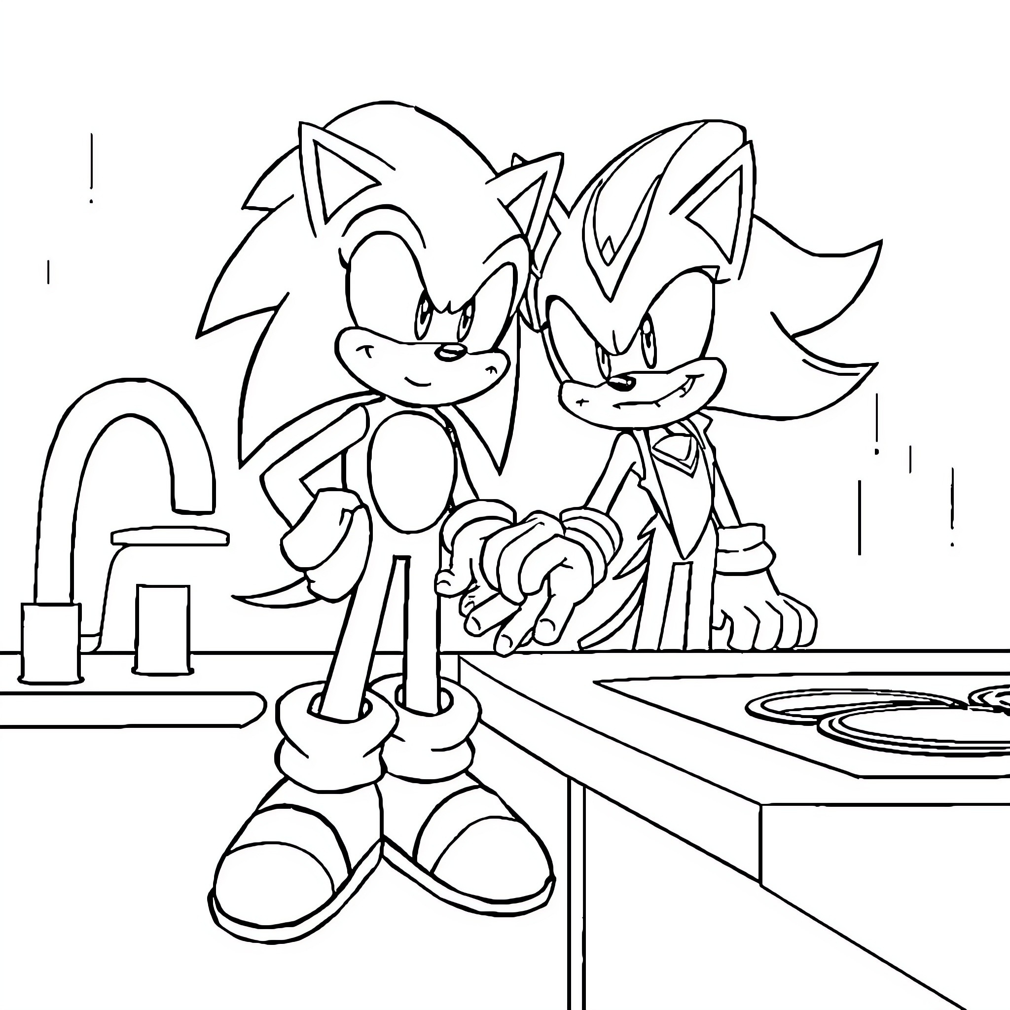 Sonic and friend engaged in cheerful interaction Coloring Page (free black-and-white line drawing printable PDF for all, from beginners to advanced learners, including children, teens, adults, and seniors)