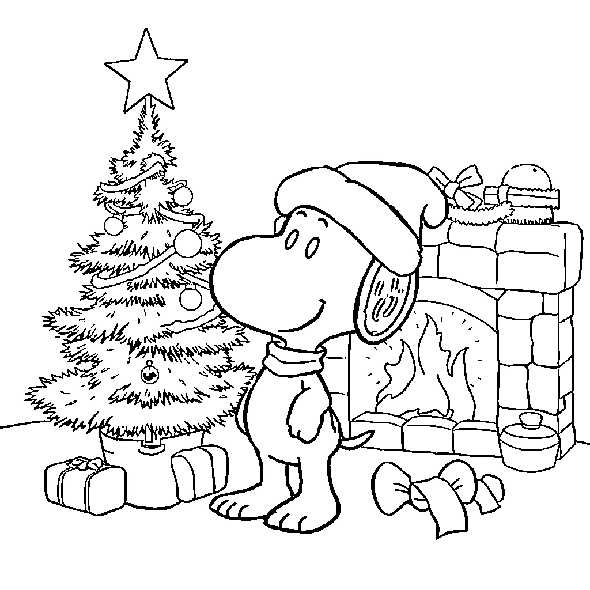 Snoopy decorating the Christmas tree Coloring Page (free black-and-white line drawing printable PDF for all, from beginners to advanced learners, including children, teens, adults, and seniors)