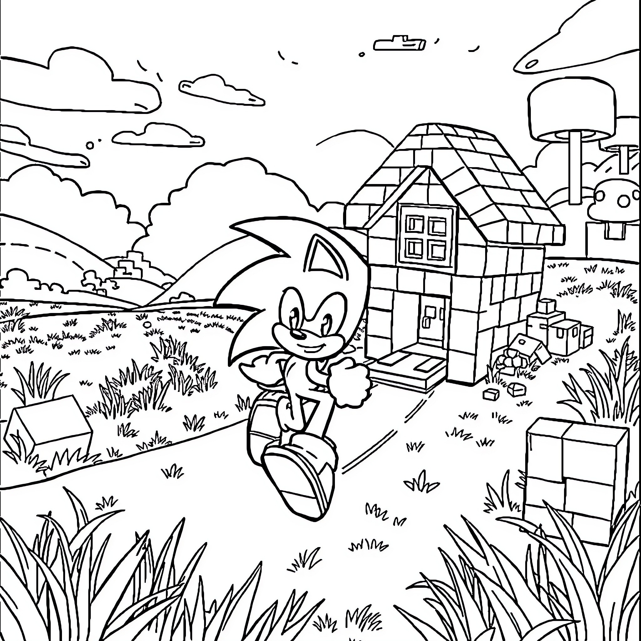 Sonic the Hedgehog exploring a vibrant landscape Coloring Page (free black-and-white line drawing printable PDF for all, from beginners to advanced learners, including children, teens, adults, and seniors)