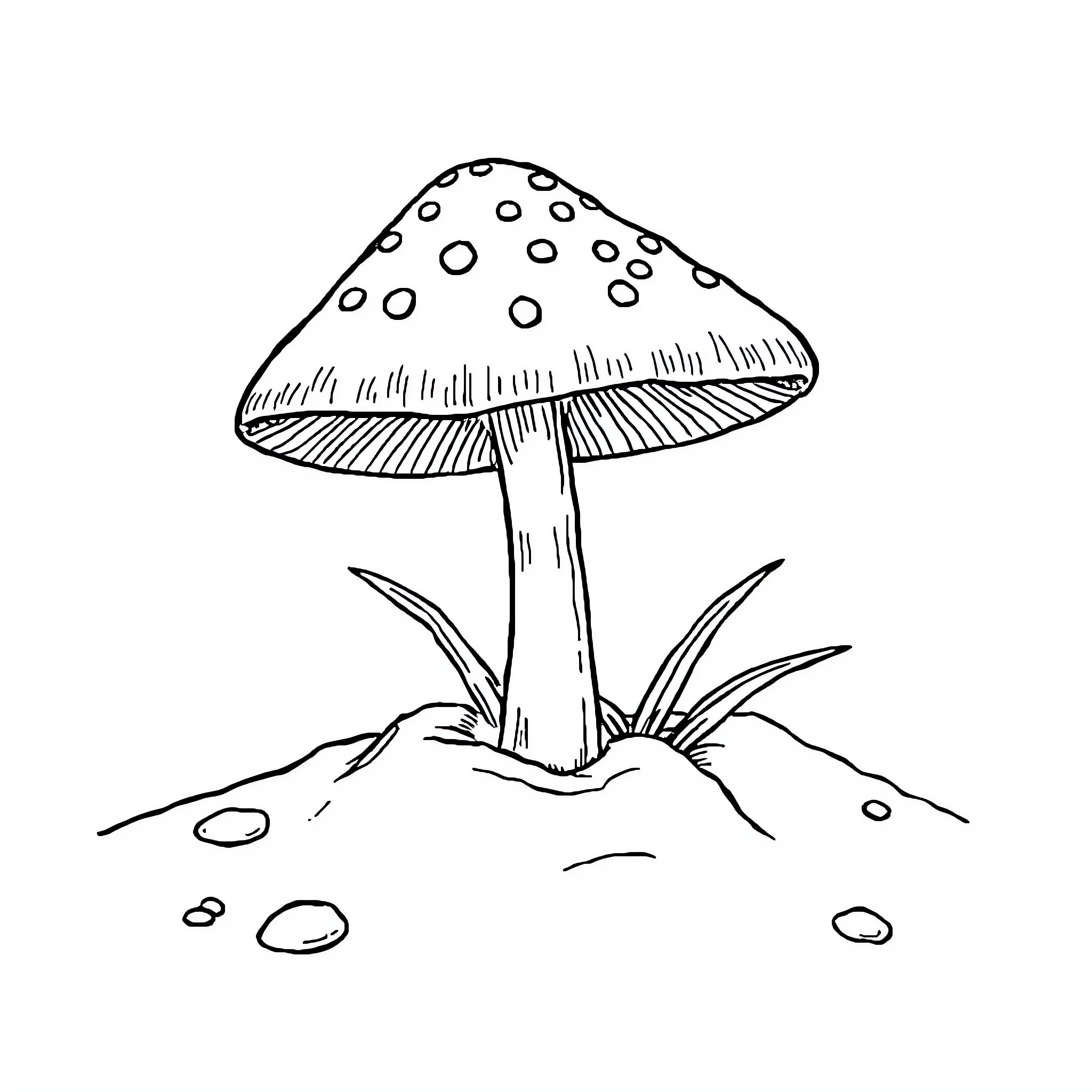 Mushroom growing in natural surroundings Coloring Page (free black-and-white line drawing printable PDF for all, from beginners to advanced learners, including children, teens, adults, and seniors)