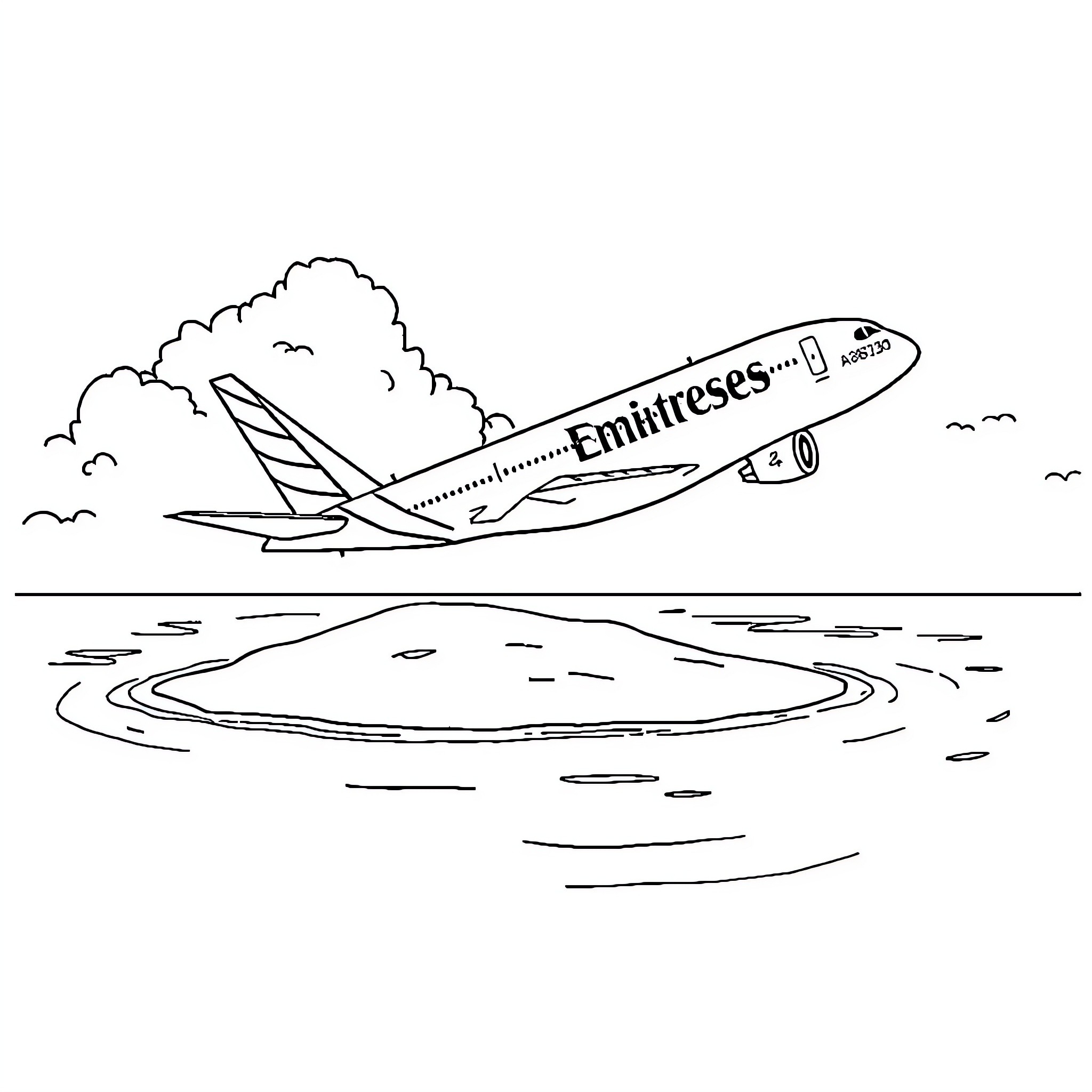 A380 Passenger Jet in Flight over Water Coloring Page (free black-and-white line drawing printable PDF for all, from beginners to advanced learners, including children, teens, adults, and seniors)