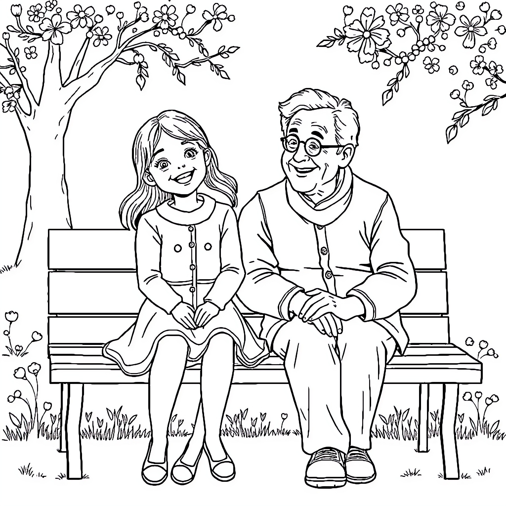 Girl and Elderly Man Sitting on Bench Coloring Page (free black-and-white line drawing printable PDF for all, from beginners to advanced learners, including children, teens, adults, and seniors)