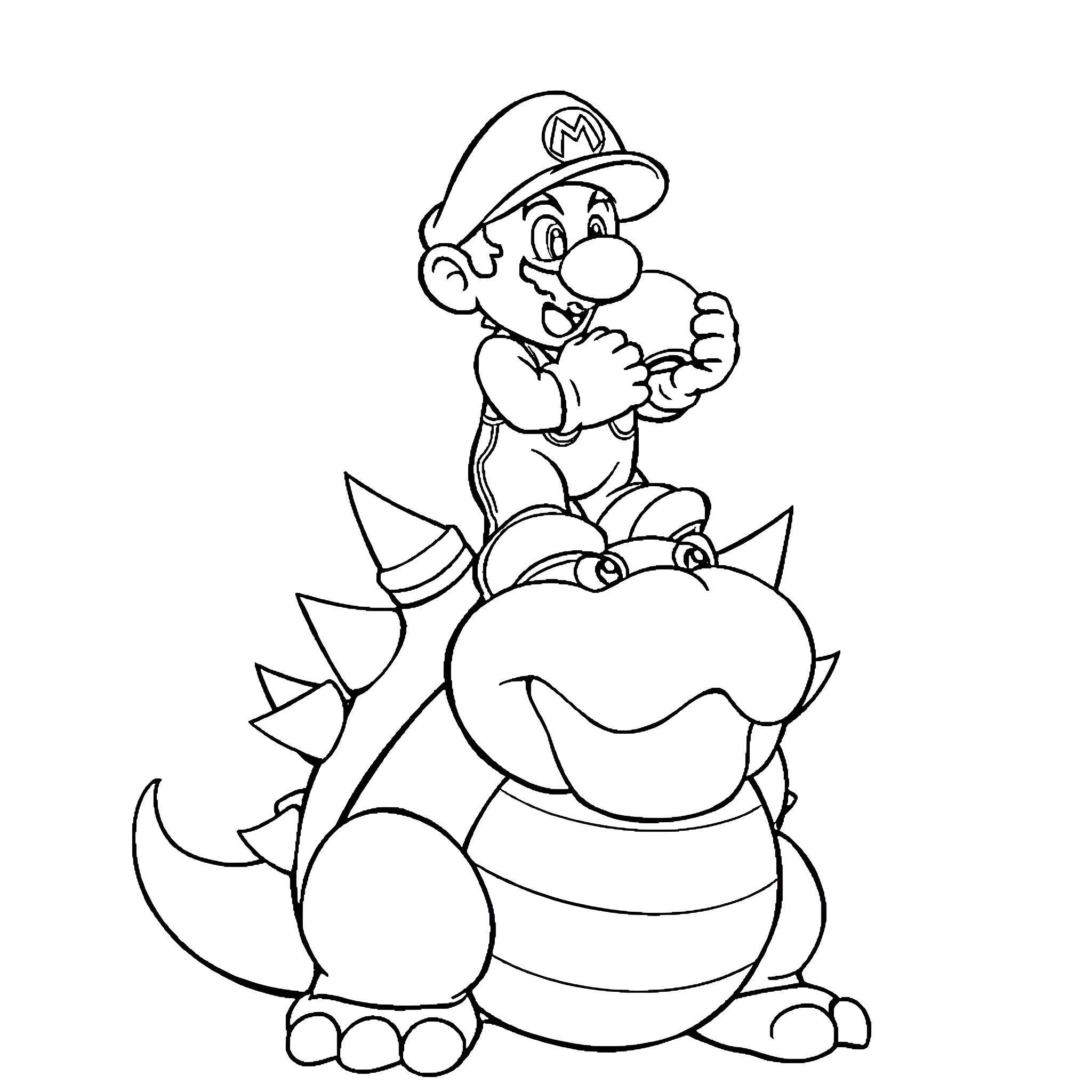 Mario riding a friendly dragon Coloring Page (free black-and-white line drawing printable PDF for all, from beginners to advanced learners, including children, teens, adults, and seniors)