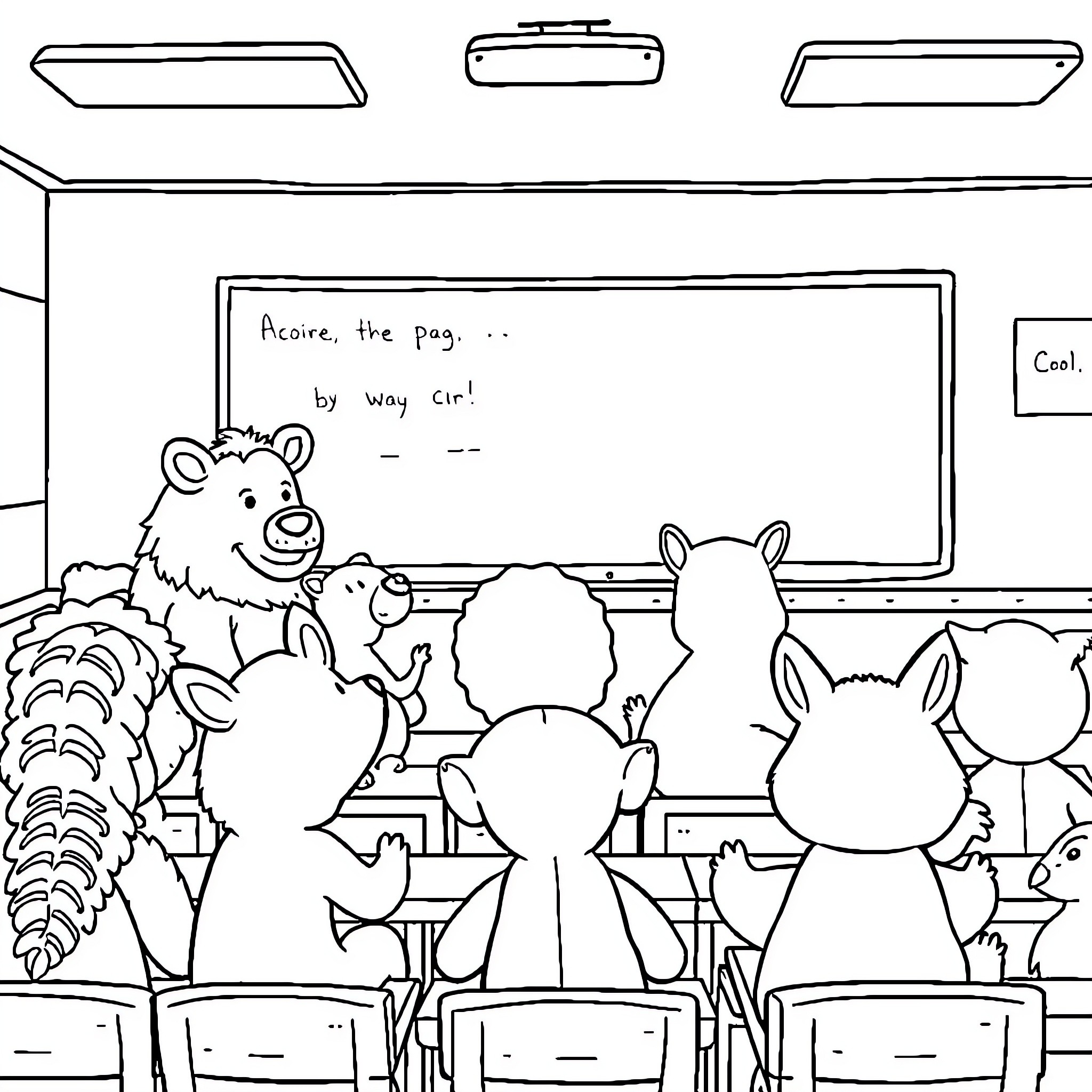 Animal Characters in a Classroom Setting Coloring Page (free black-and-white line drawing printable PDF for all, from beginners to advanced learners, including children, teens, adults, and seniors)