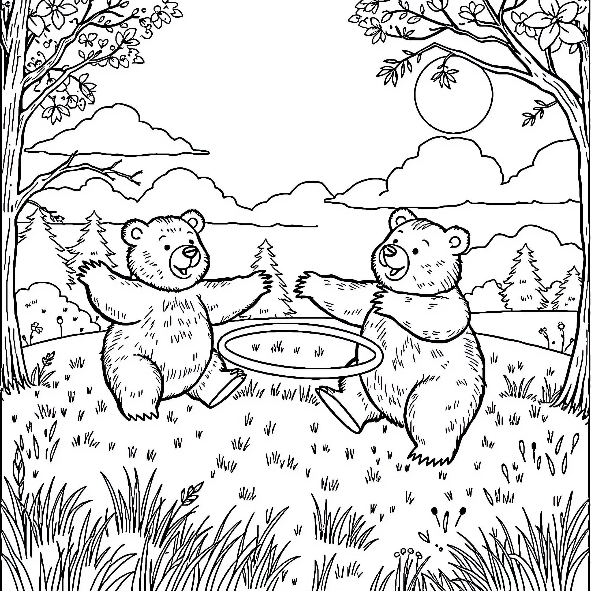 Bears playing and exploring in the forest Coloring Page (free black-and-white line drawing printable PDF for all, from beginners to advanced learners, including children, teens, adults, and seniors)