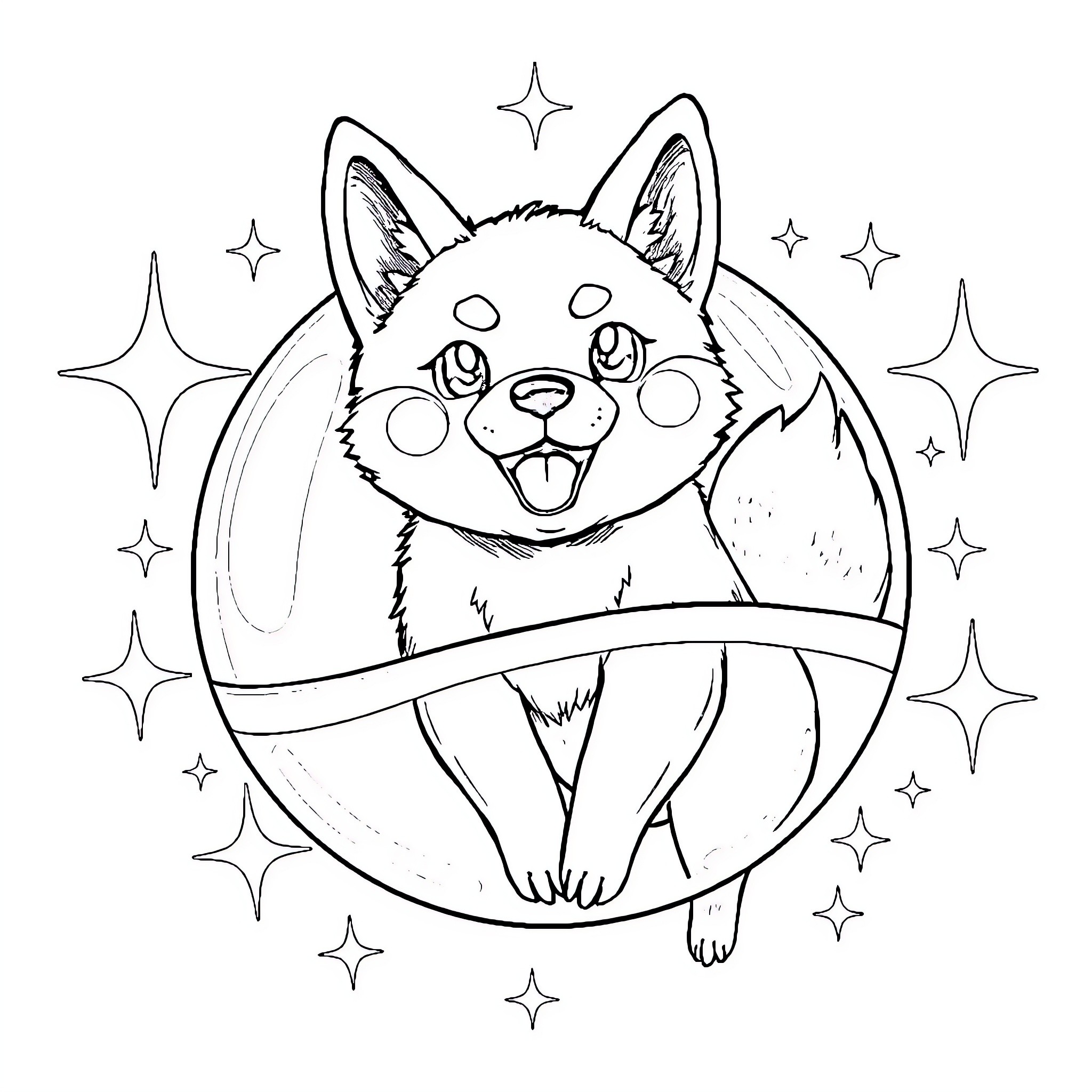 Shiba Inu Gazing Joyfully with Glowing Stars Coloring Page (free black-and-white line drawing printable PDF for all, from beginners to advanced learners, including children, teens, adults, and seniors)