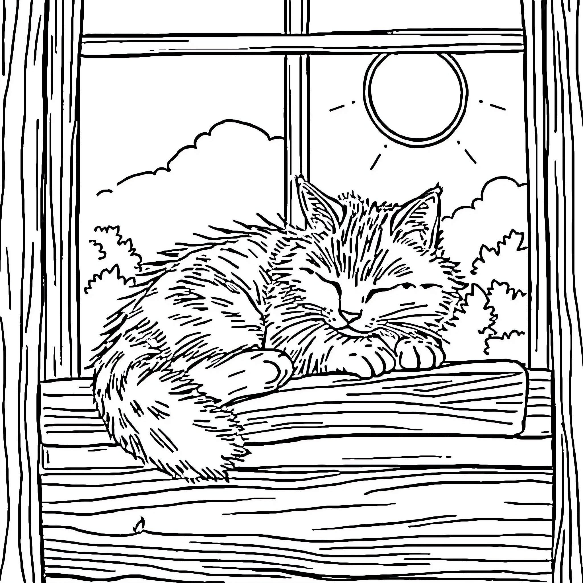 Cat napping peacefully by the window Coloring Page (free black-and-white line drawing printable PDF for all, from beginners to advanced learners, including children, teens, adults, and seniors)