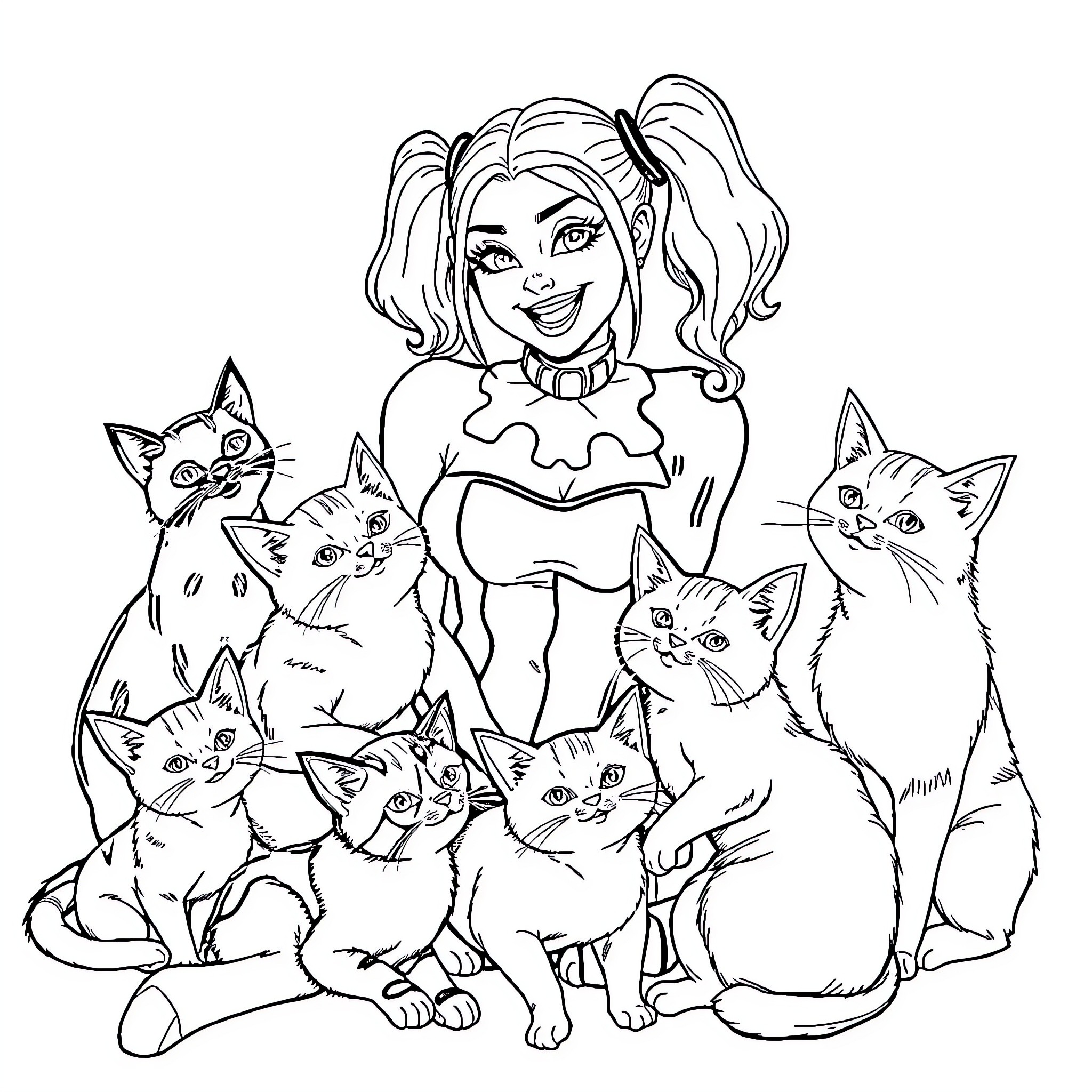 Harley Quinn surrounded by a group of kittens Coloring Page (free black-and-white line drawing printable PDF for all, from beginners to advanced learners, including children, teens, adults, and seniors)