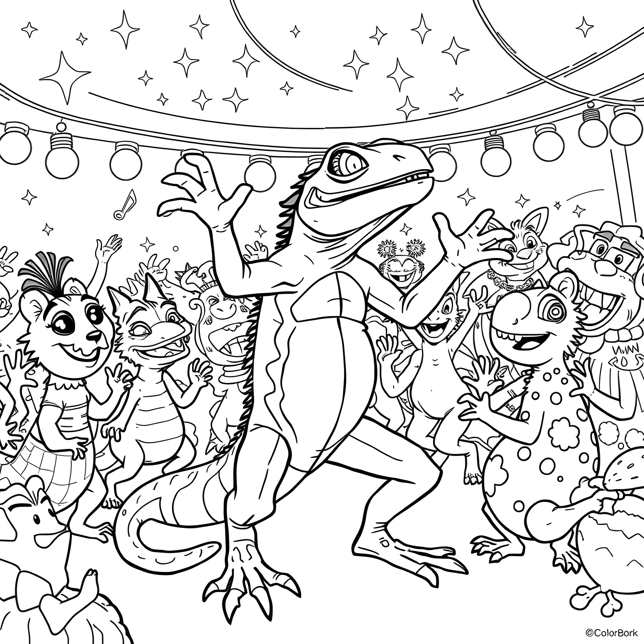Lizard enjoying a lively party with quirky creatures Coloring Page (free black-and-white line drawing printable PDF for all, from beginners to advanced learners, including children, teens, adults, and seniors)